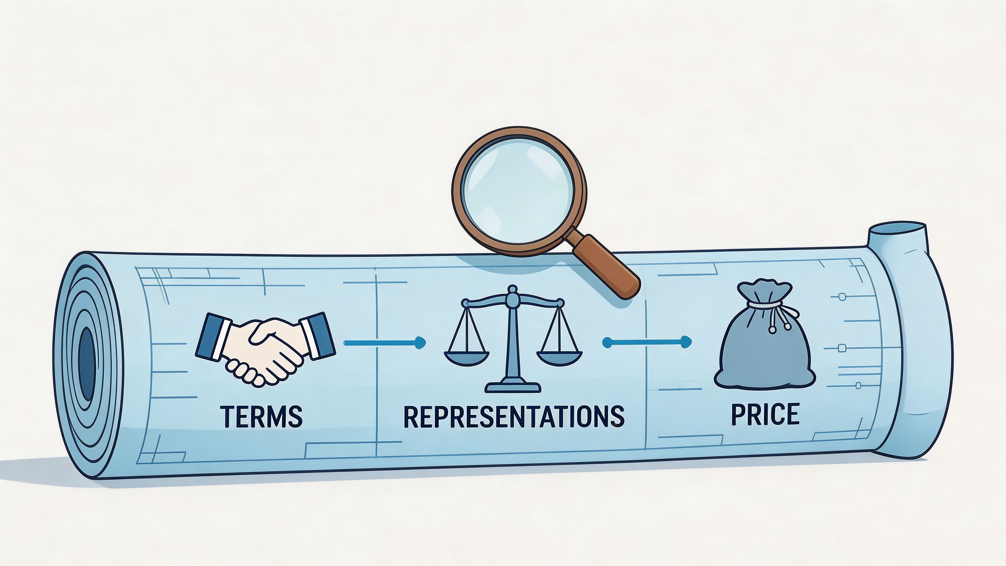 A blueprint showing the three key components of a business transaction: terms, representations, and the purchase price.