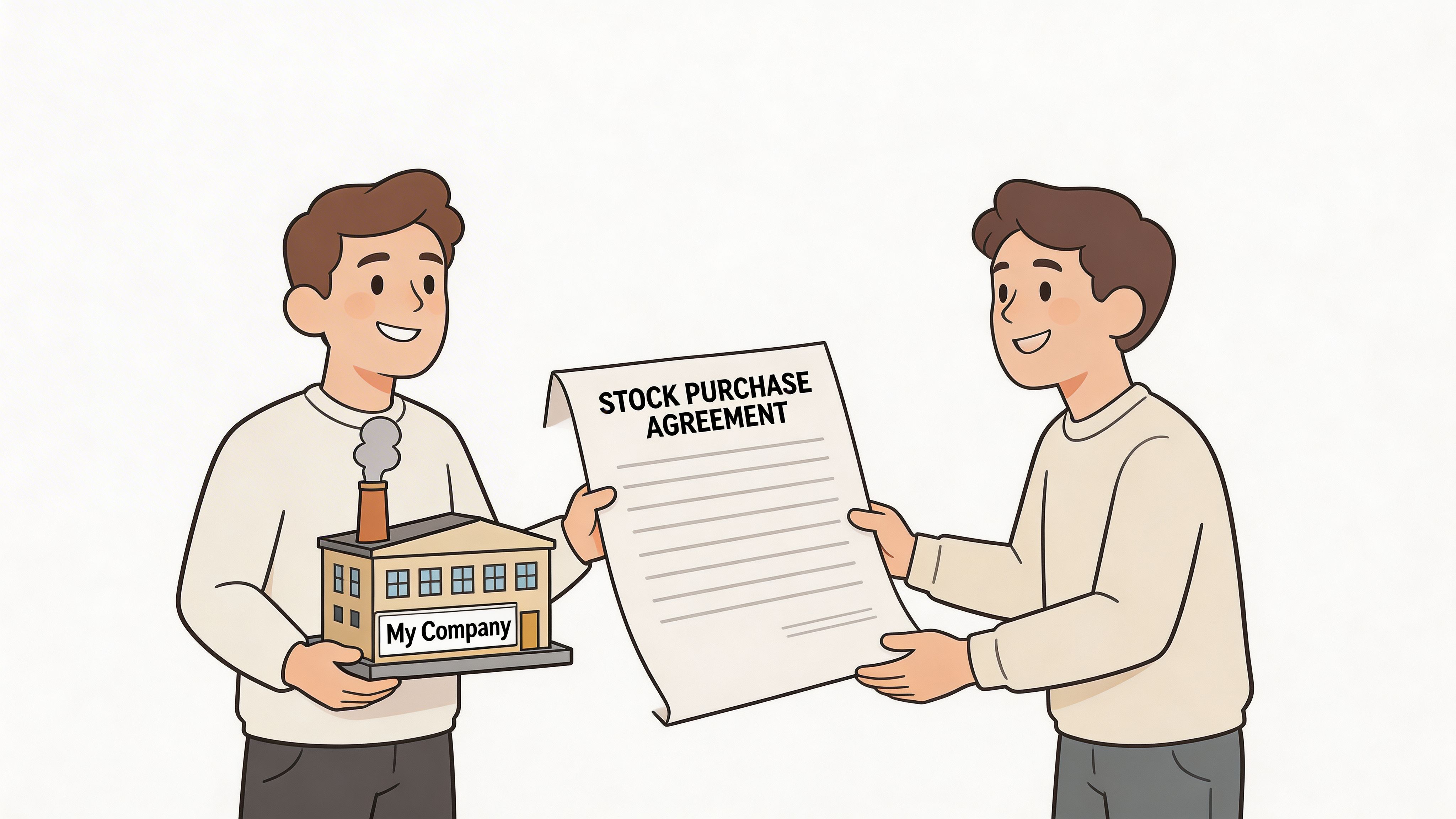 Two cartoon men smiling while exchanging a miniature factory and a formal stock purchase agreement document.