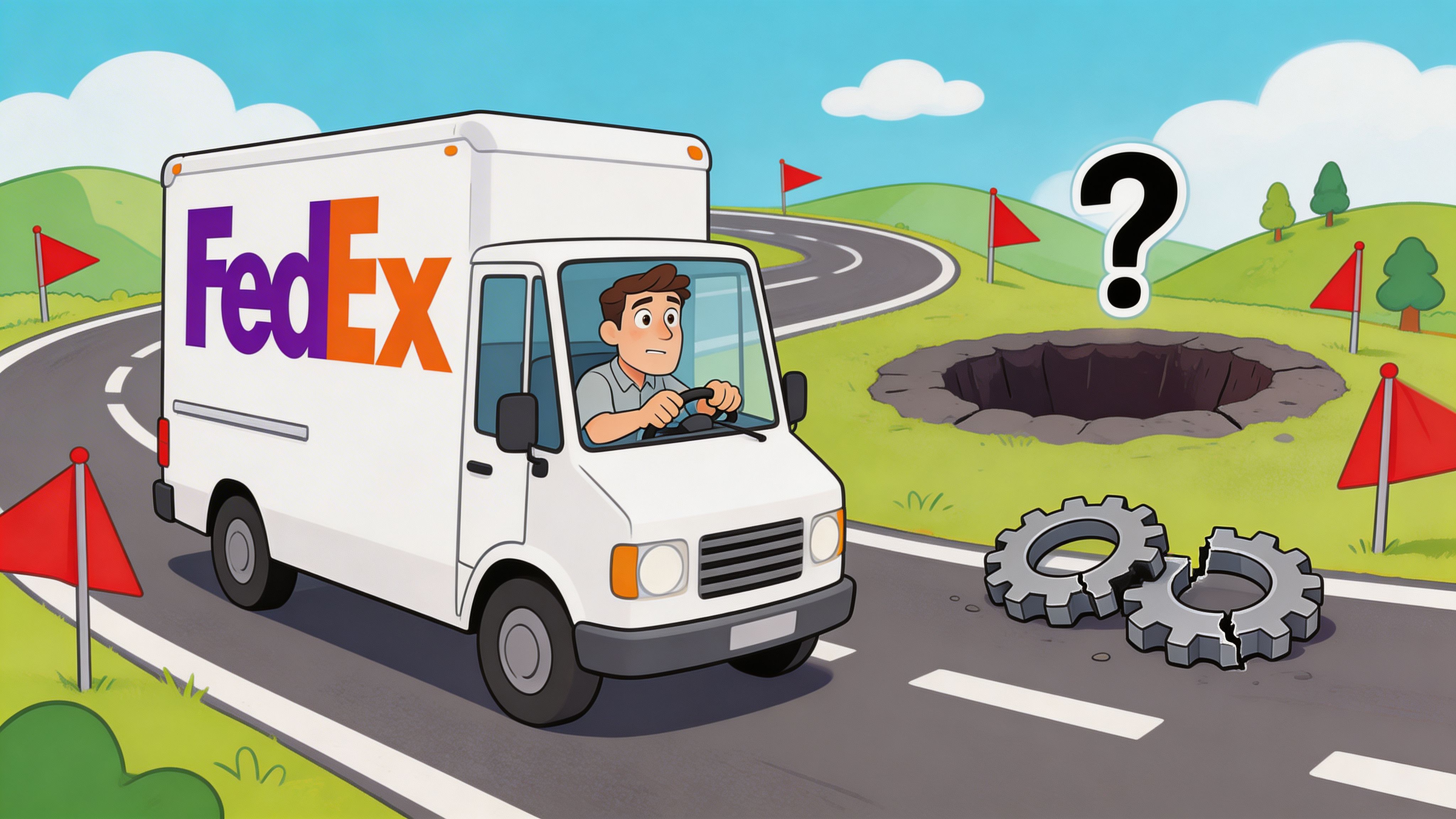 A delivery driver in a FedEx truck looks concerned as broken gears lie on the road ahead.