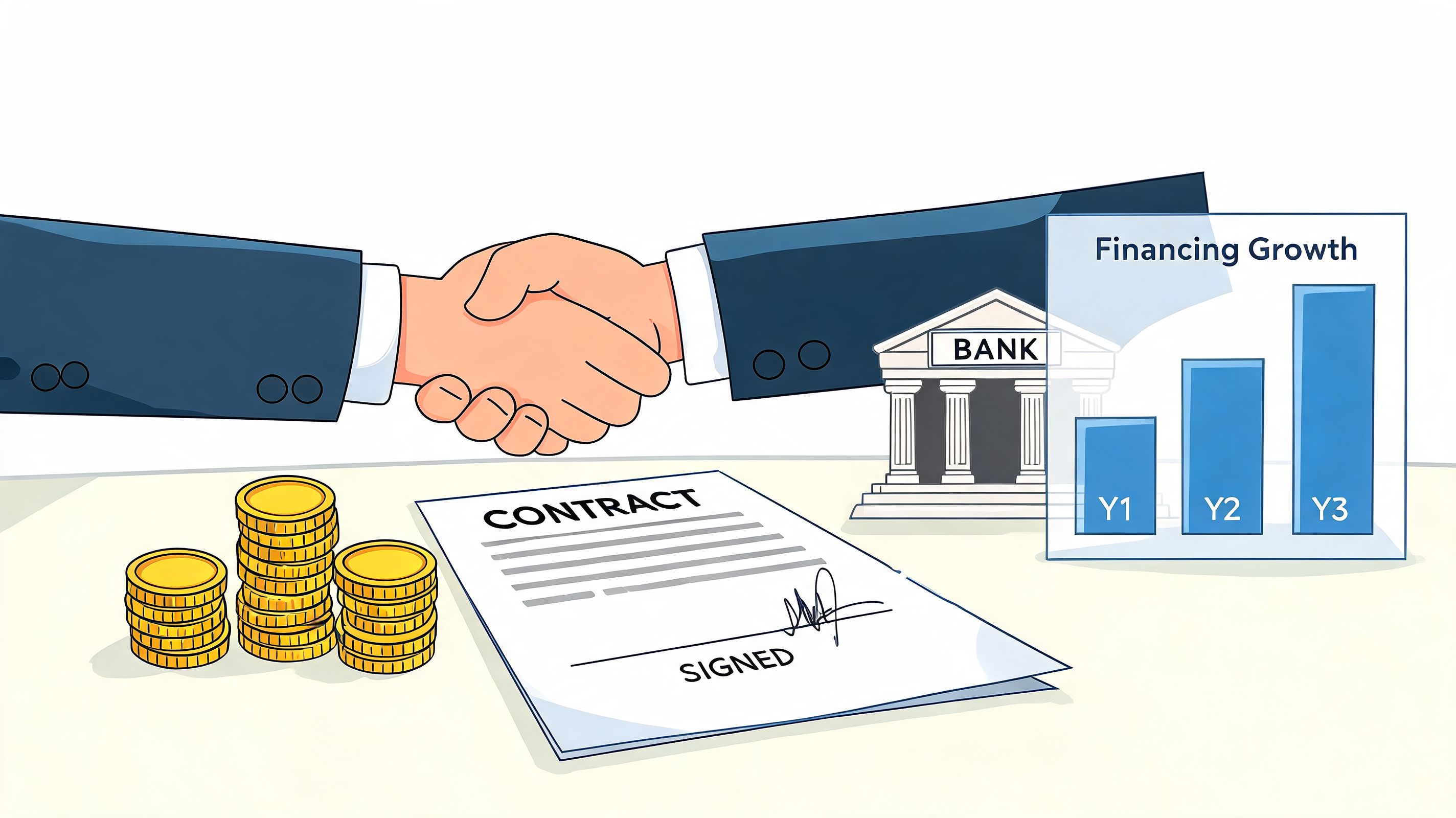 A business handshake over a signed contract, a bank building, and a financial growth bar chart.