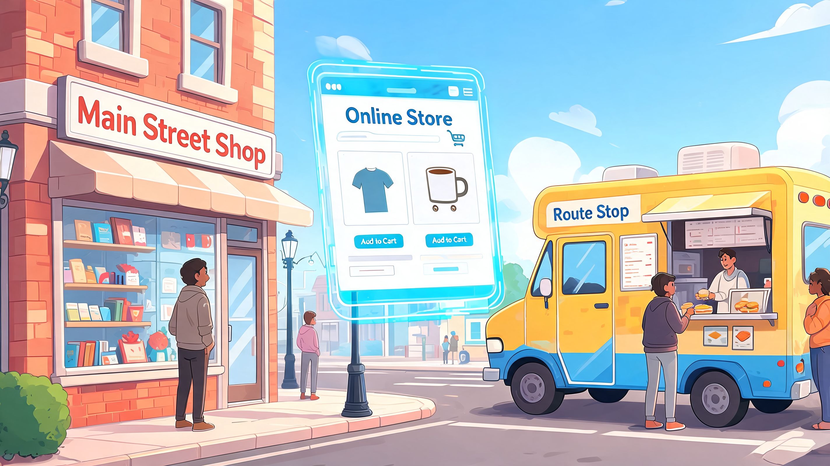 A digital graphic showing a physical brick-and-mortar shop next to a mobile food truck and digital storefront.