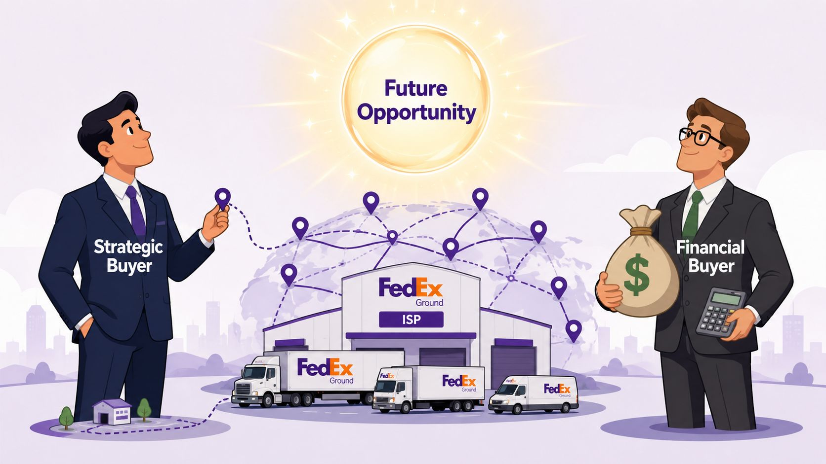 A conceptual illustration comparing a strategic buyer and a financial buyer in the context of FedEx Ground business.