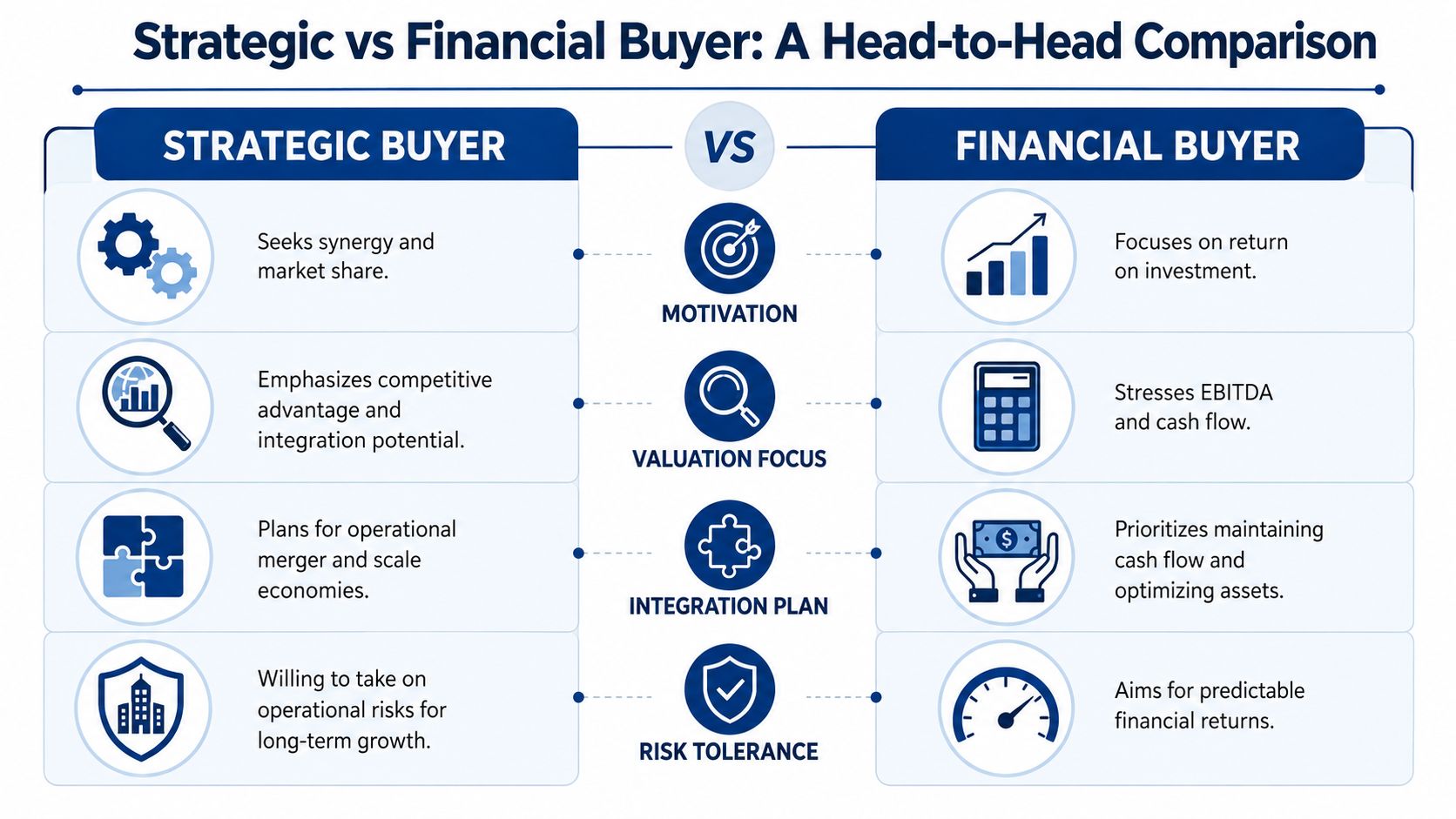A comparison chart outlining the key differences between strategic and financial buyers regarding motivations and business goals.