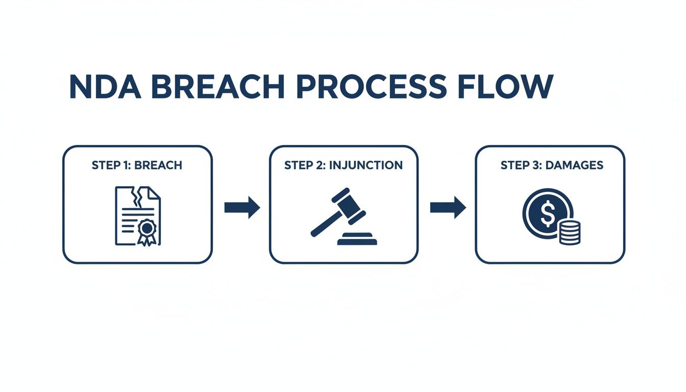 Flowchart illustrating the three-step NDA breach process: breach (broken document), injunction (gavel), and damages (money).