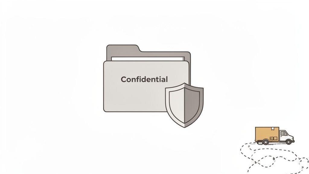A confidential document folder with a shield icon, indicating data security and a delivery truck with a box.