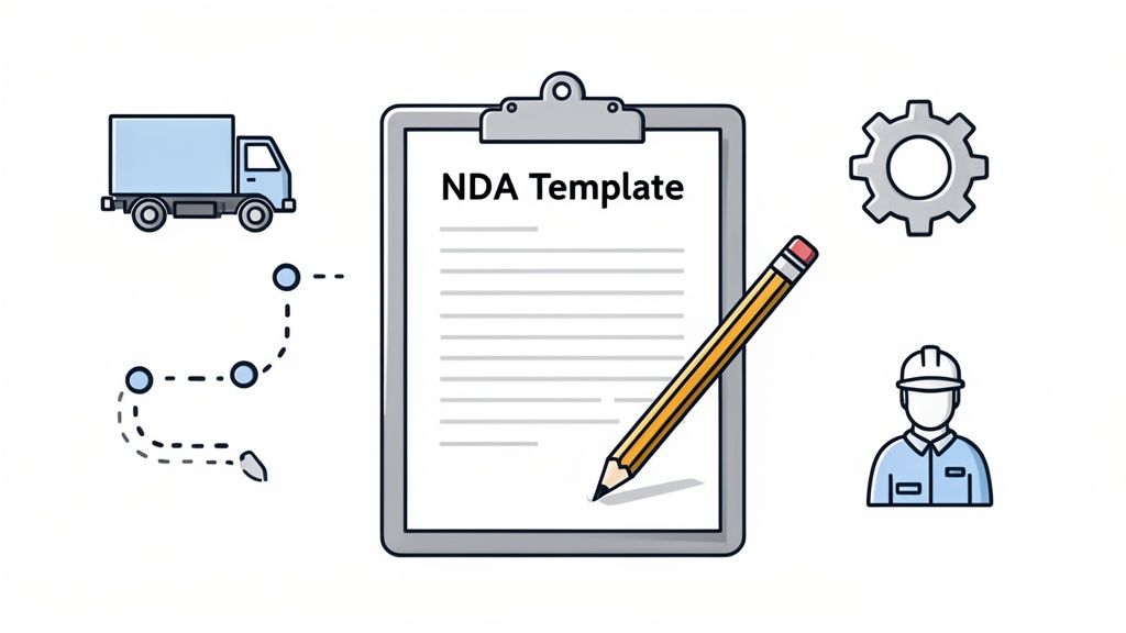 Illustration of an NDA template on a clipboard with a pencil, truck, route, gear, and a worker.