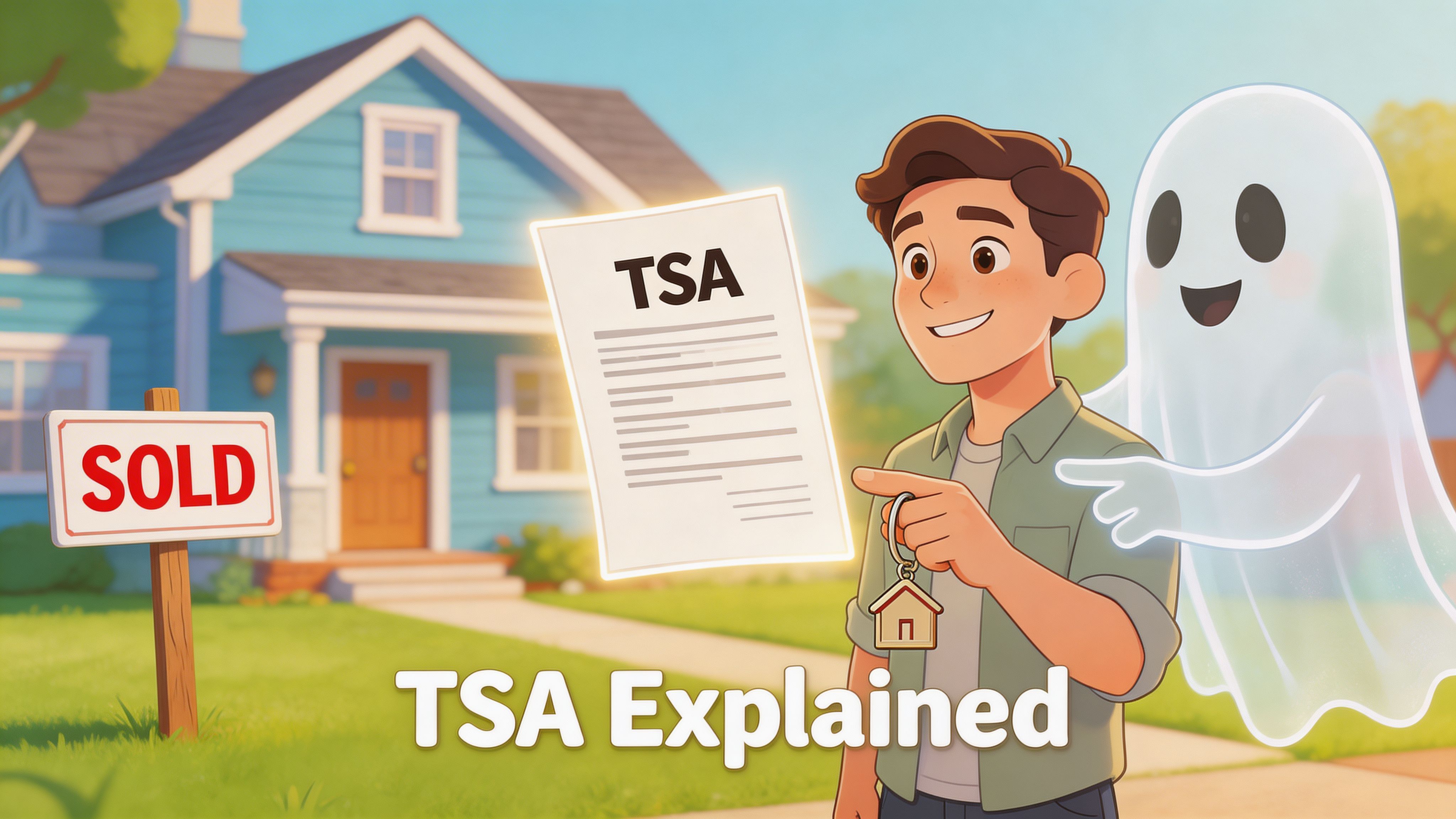 A happy man holds keys to a sold house while a friendly cartoon ghost points at a TSA document.