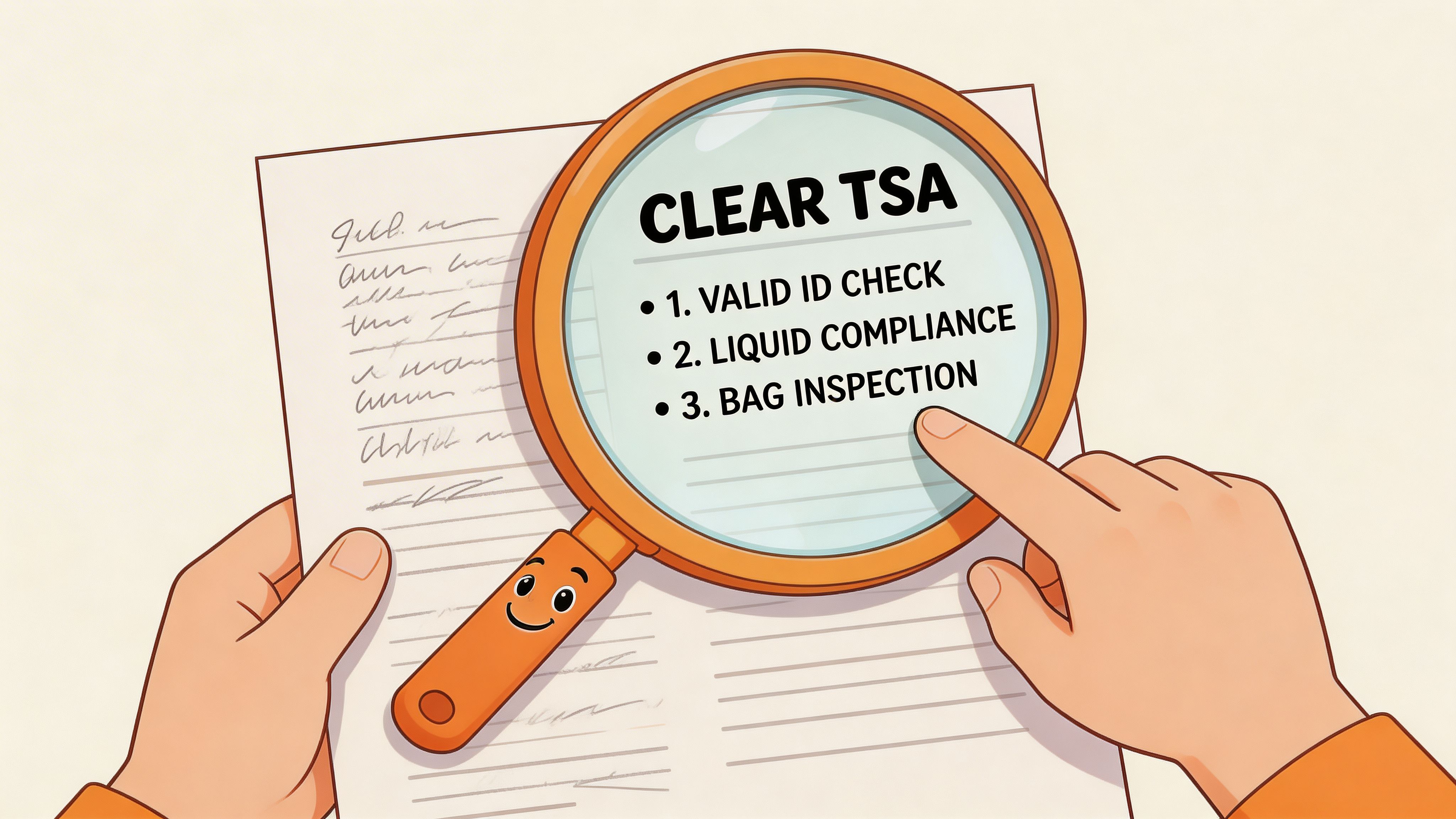 A magnifying glass with a smiley face highlighting a TSA checklist on a piece of paper.