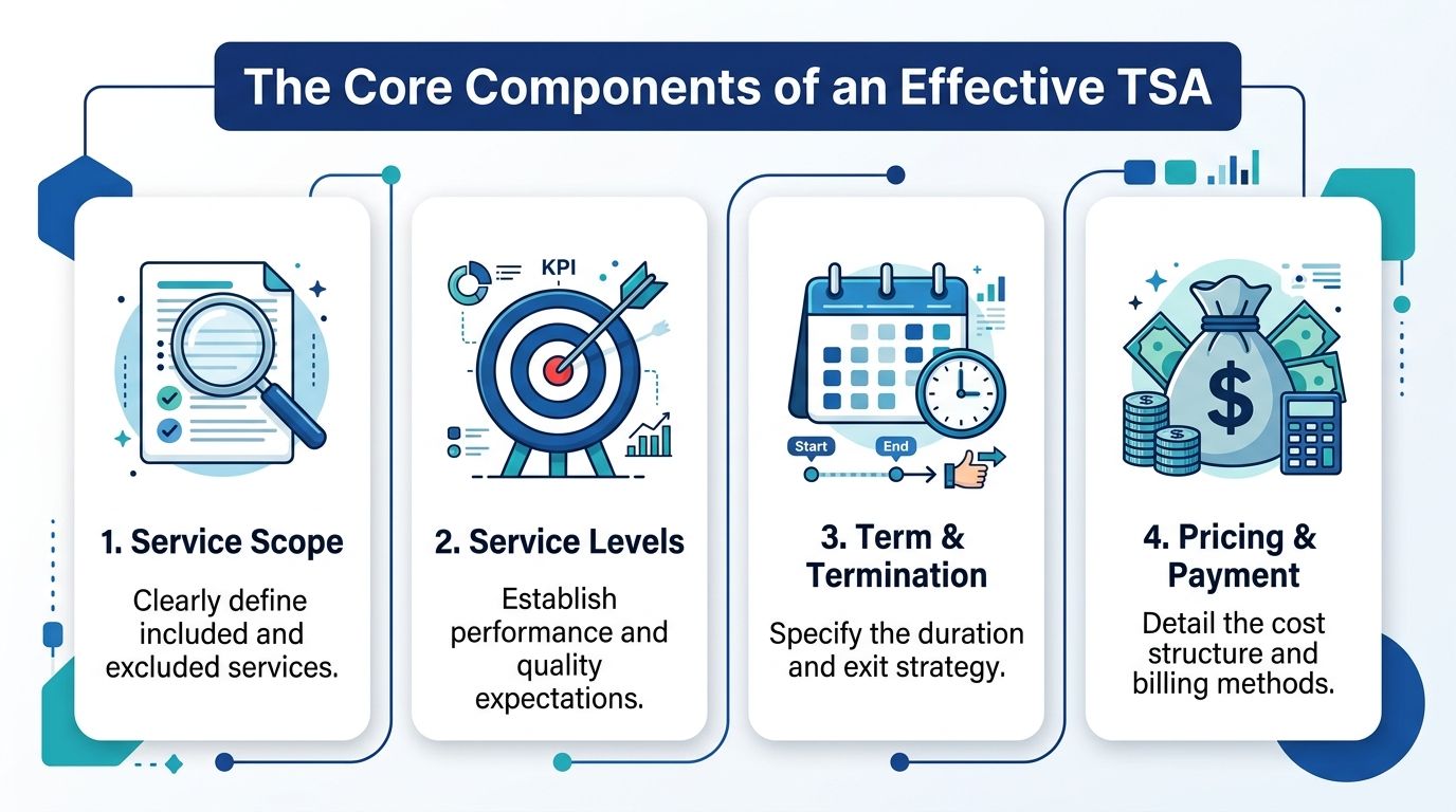 A diagram illustrating the four core components of an effective Transitional Service Agreement for business process management.