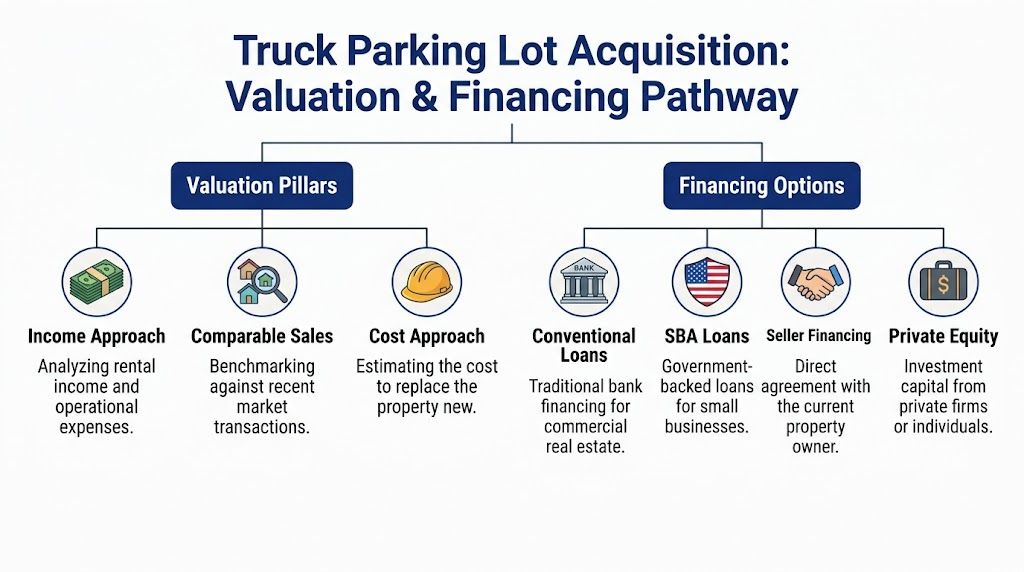 A diagram outlining the valuation pillars and financing options for acquiring a truck parking lot business.