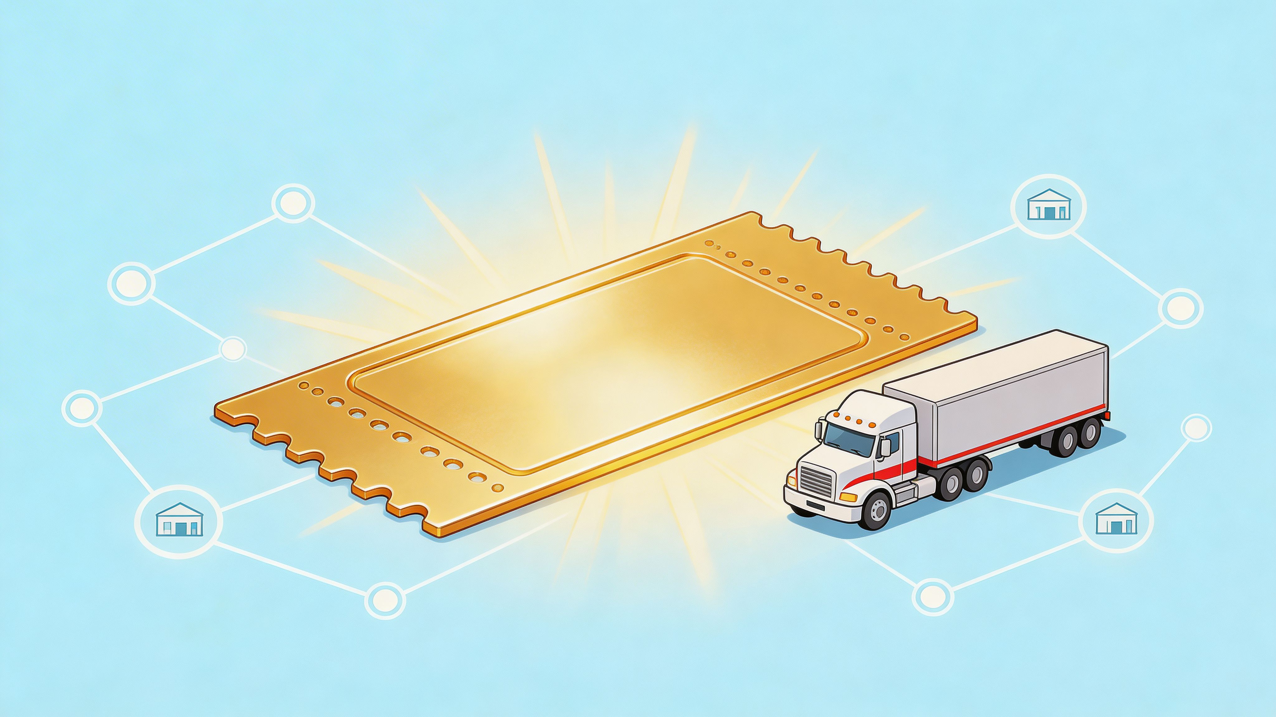 An isometric golden ticket beside a truck representing logistics and supply chain freight transportation services.