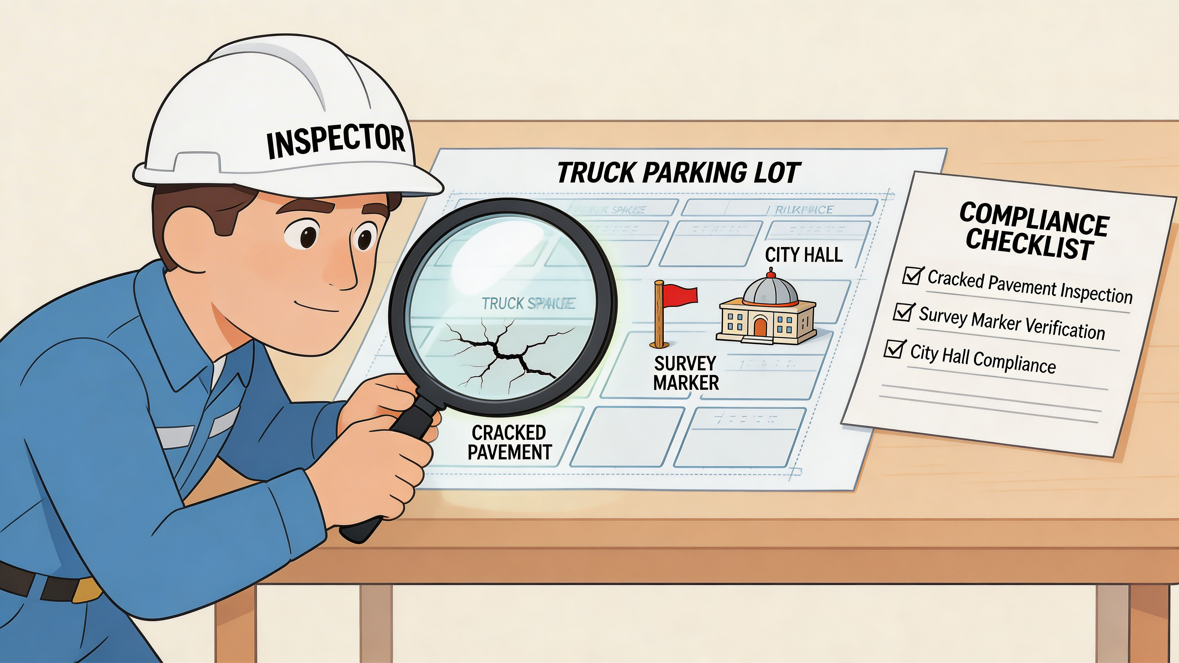 A construction inspector examining a truck parking lot blueprint with a magnifying glass next to a checklist.