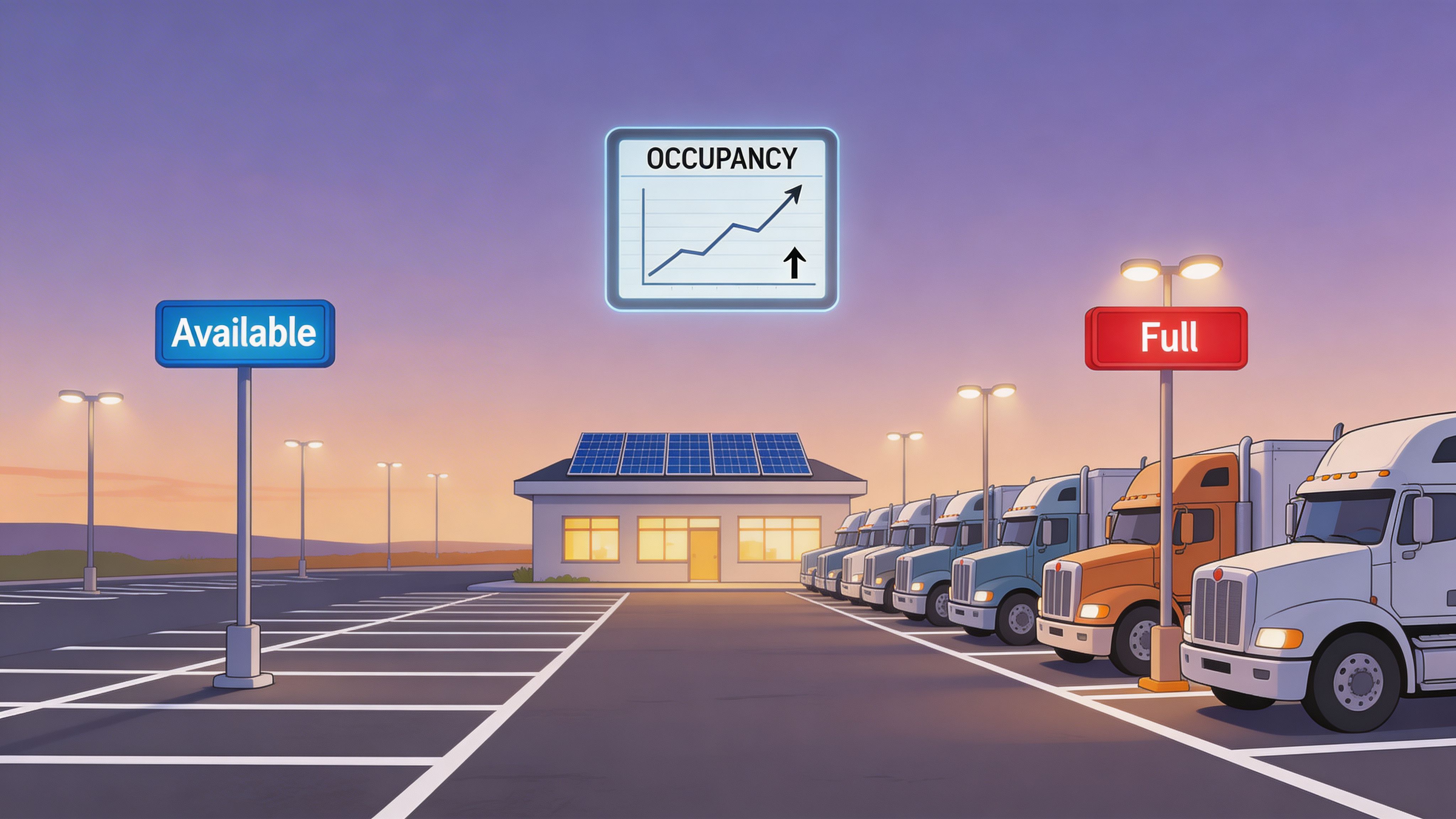 A truck parking lot with a solar-powered building, an occupancy trend sign, and several semi-trucks parked.