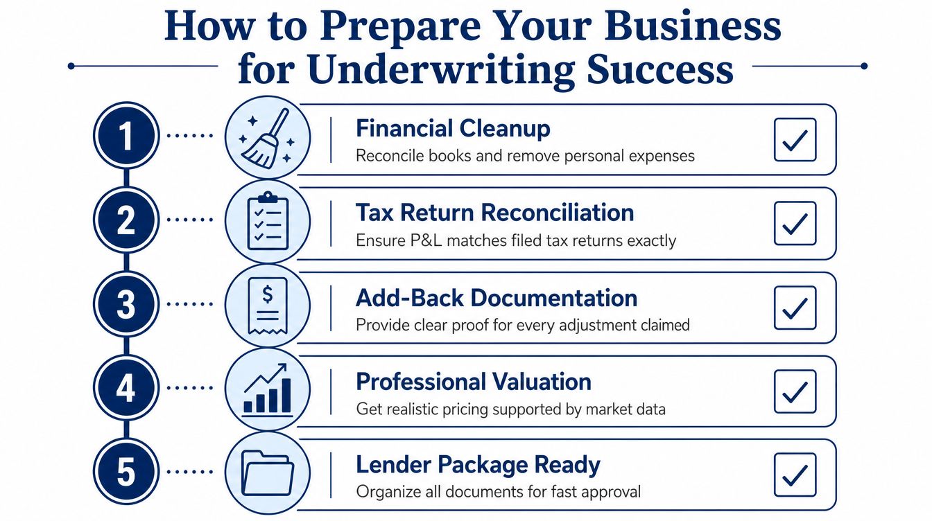 A five-step infographic guide titled How to Prepare Your Business for Underwriting Success featuring financial tips.