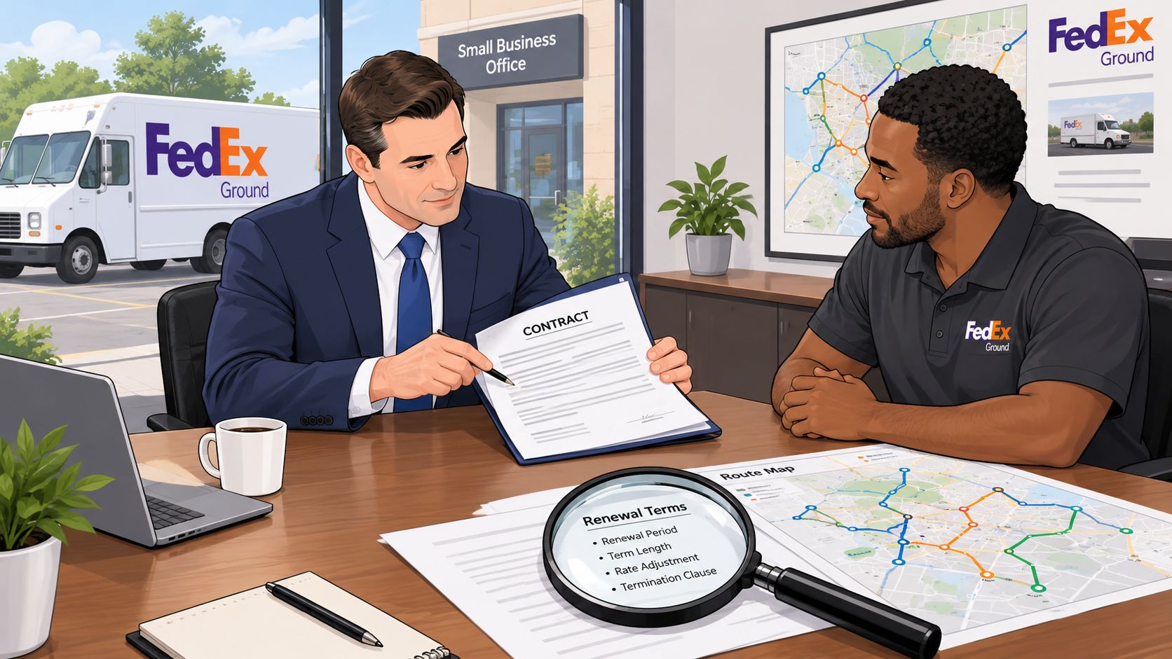 A professional FedEx business meeting discussing contract renewal terms for route management in a corporate office setting.