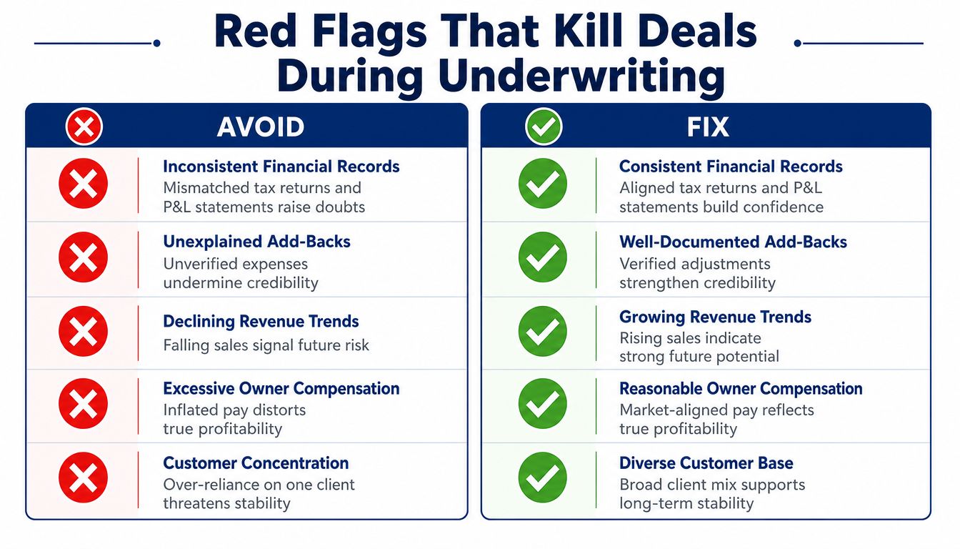 A comparison chart showing red flag issues to avoid versus positive solutions to implement during the underwriting process.