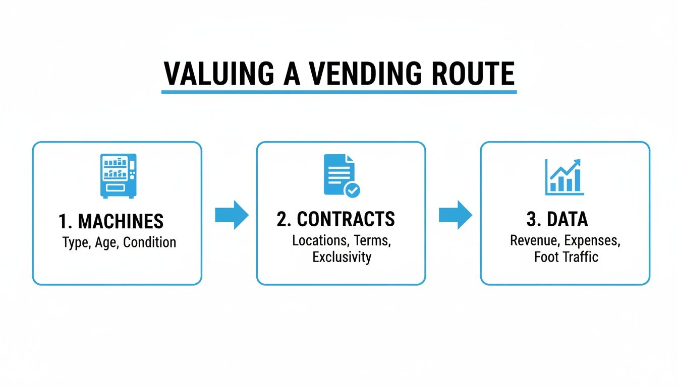 A diagram showing three steps to valuing a vending route: machines, contracts, and data.