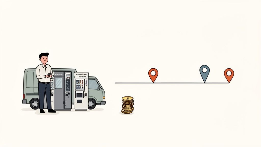 A man with a mobile vending machine attached to a van, showing a business route.