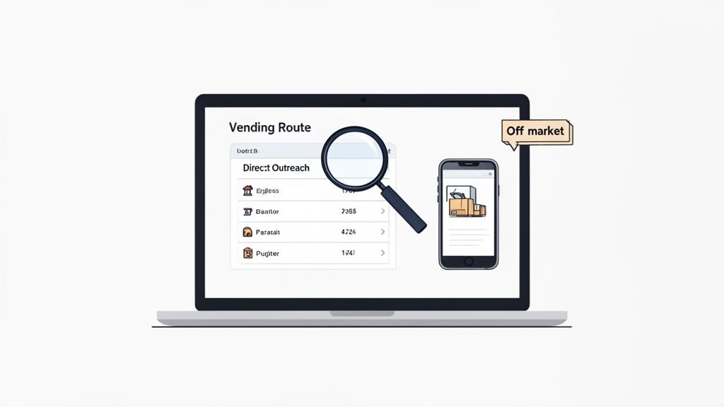 Laptop showing a 'Vending Route' application with data, a magnifying glass, and a smartphone indicating 'off market' status.