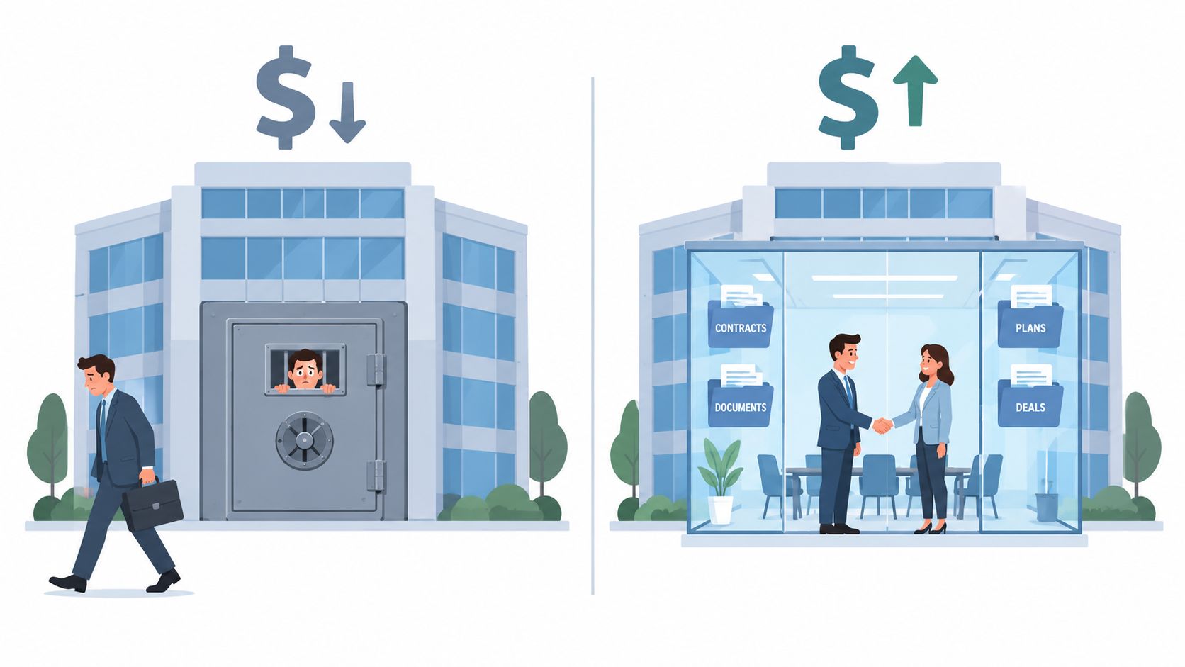 A split illustration comparing a trapped businessman with a successful business meeting in a glass office.