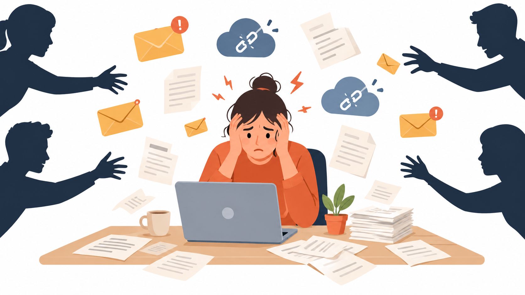 A stressed woman working on a laptop overwhelmed by numerous emails and documents from anonymous figures.