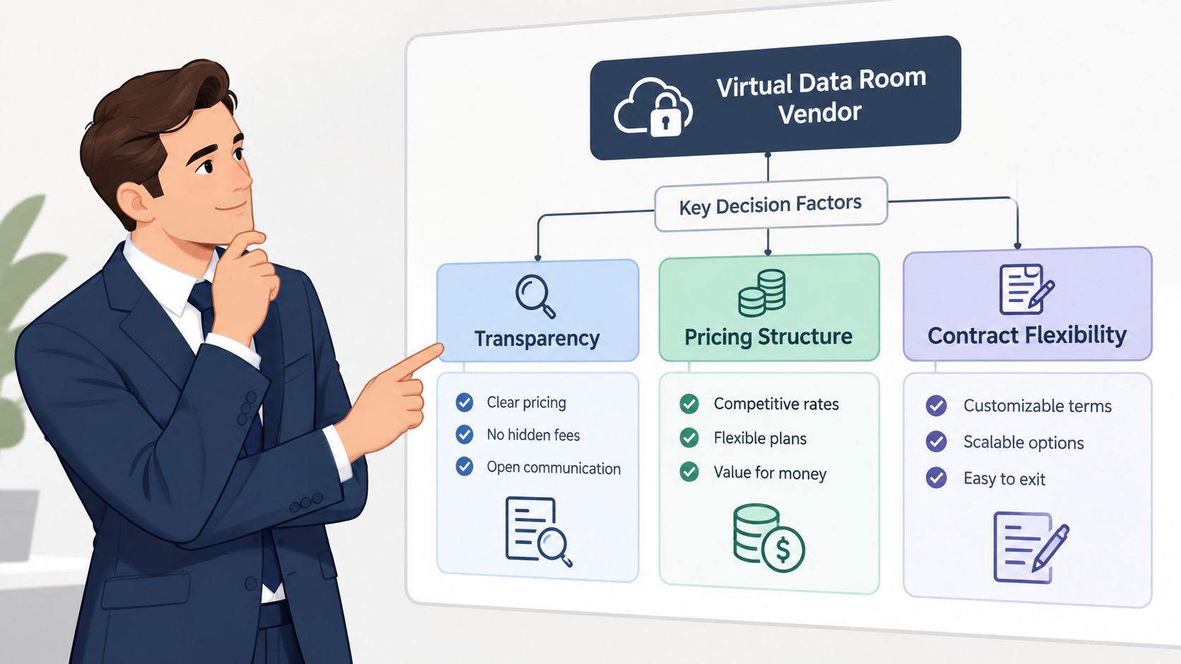 A professional man pointing at a chart detailing key decision factors for choosing a virtual data room provider.