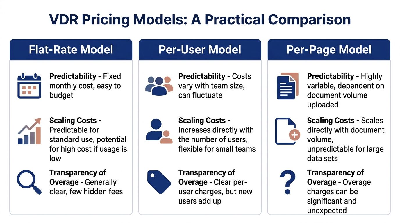 A comparison chart highlighting the benefits and drawbacks of Flat-Rate, Per-User, and Per-Page VDR pricing models.