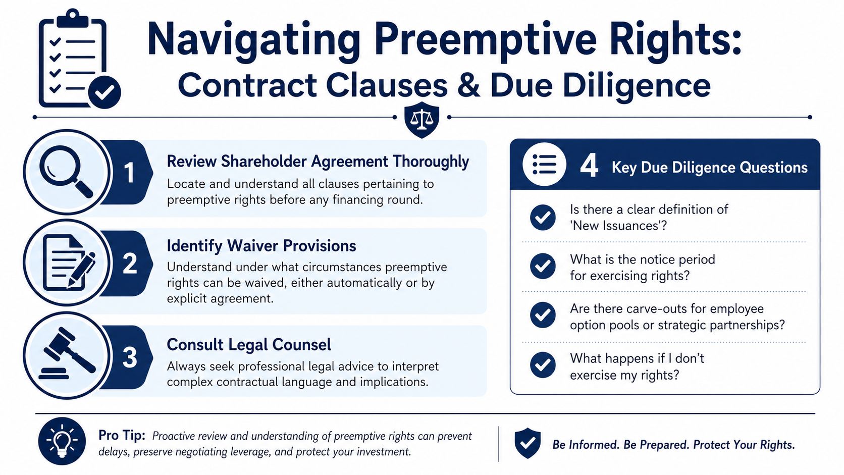 An infographic detailing the process and essential questions for navigating preemptive rights in shareholder agreements.
