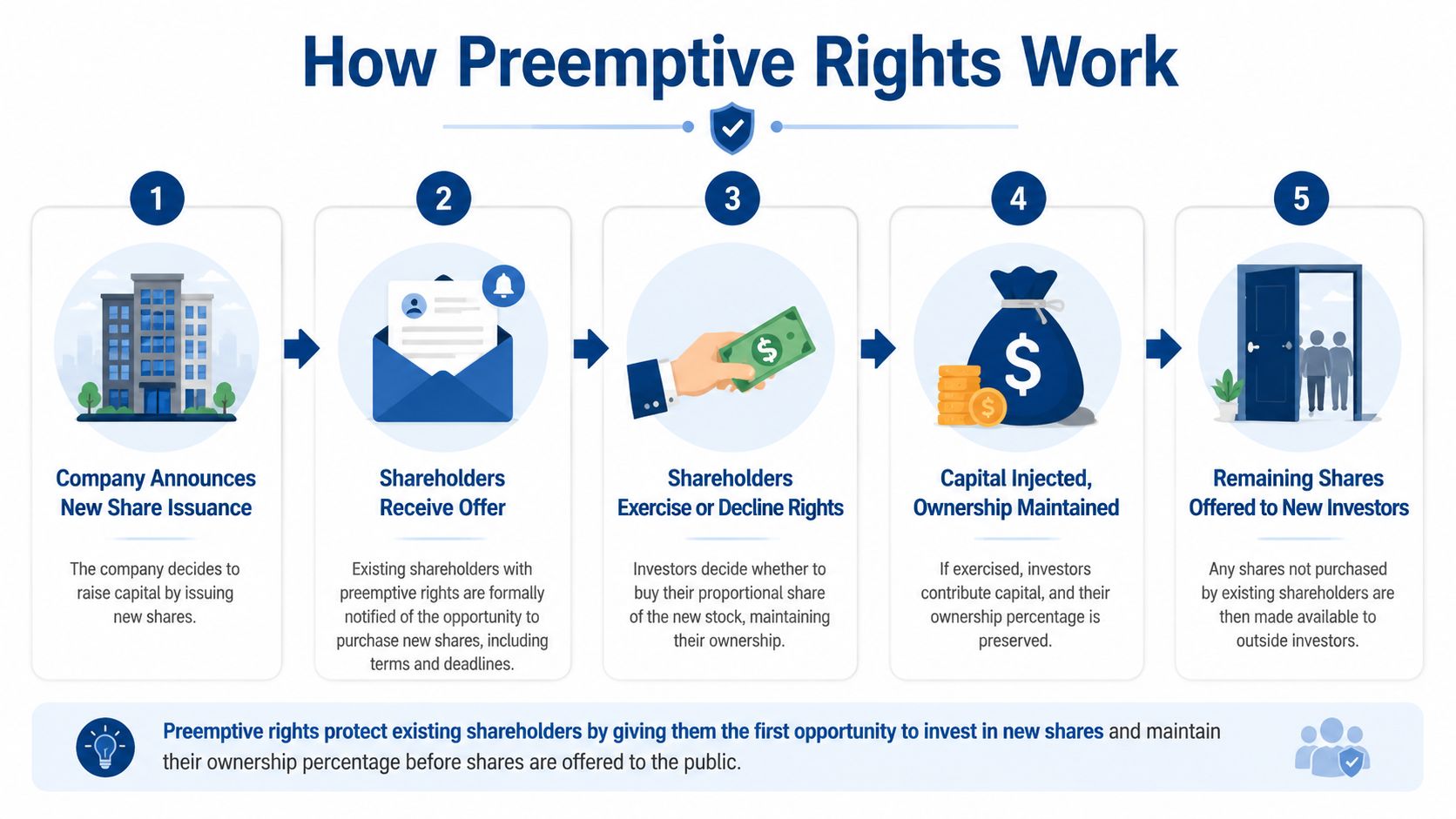 A five-step infographic showing how company preemptive rights allow existing shareholders to maintain their ownership percentage.