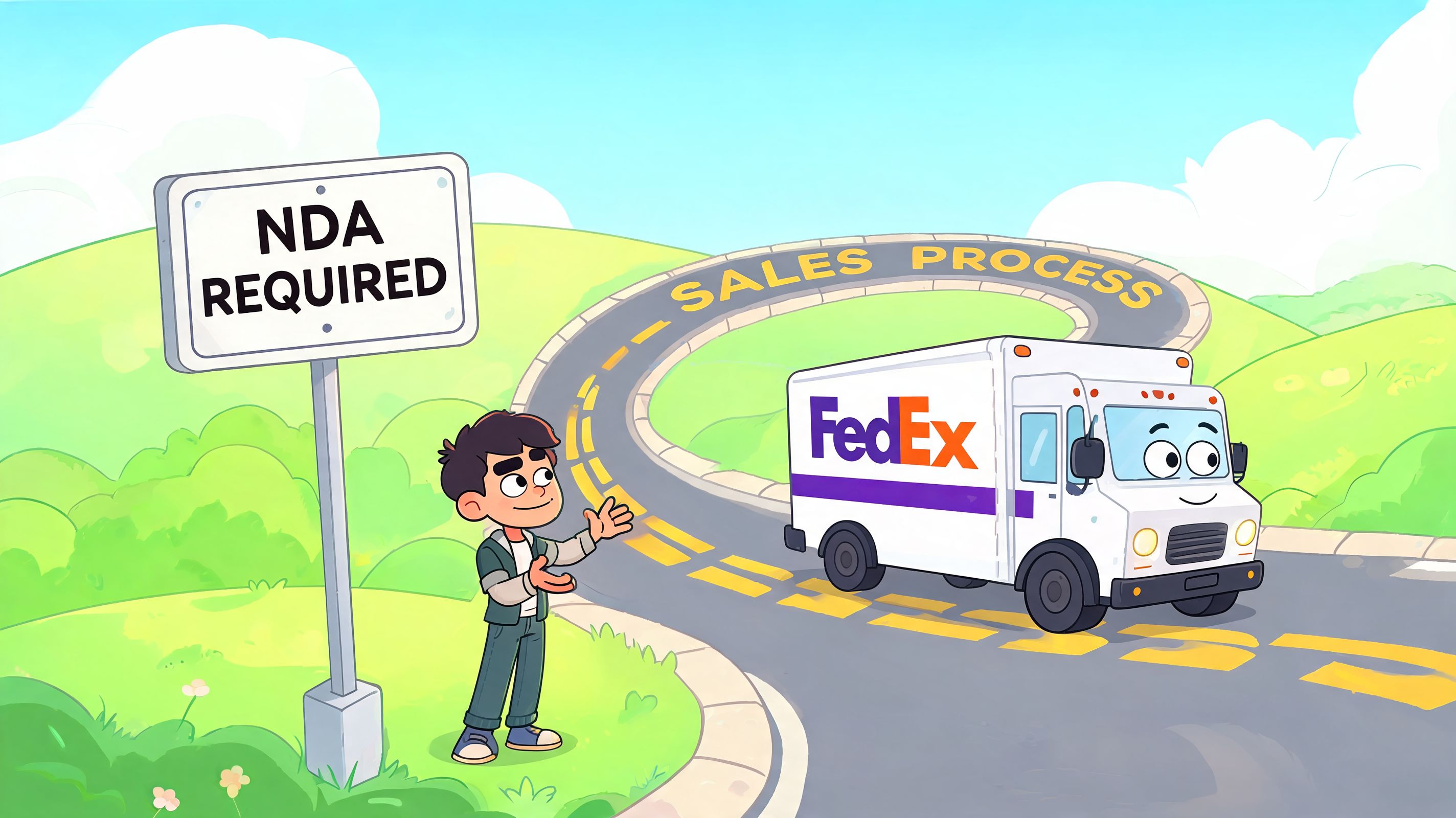 A cartoon boy standing next to an NDA Required sign as a FedEx truck drives on a road.