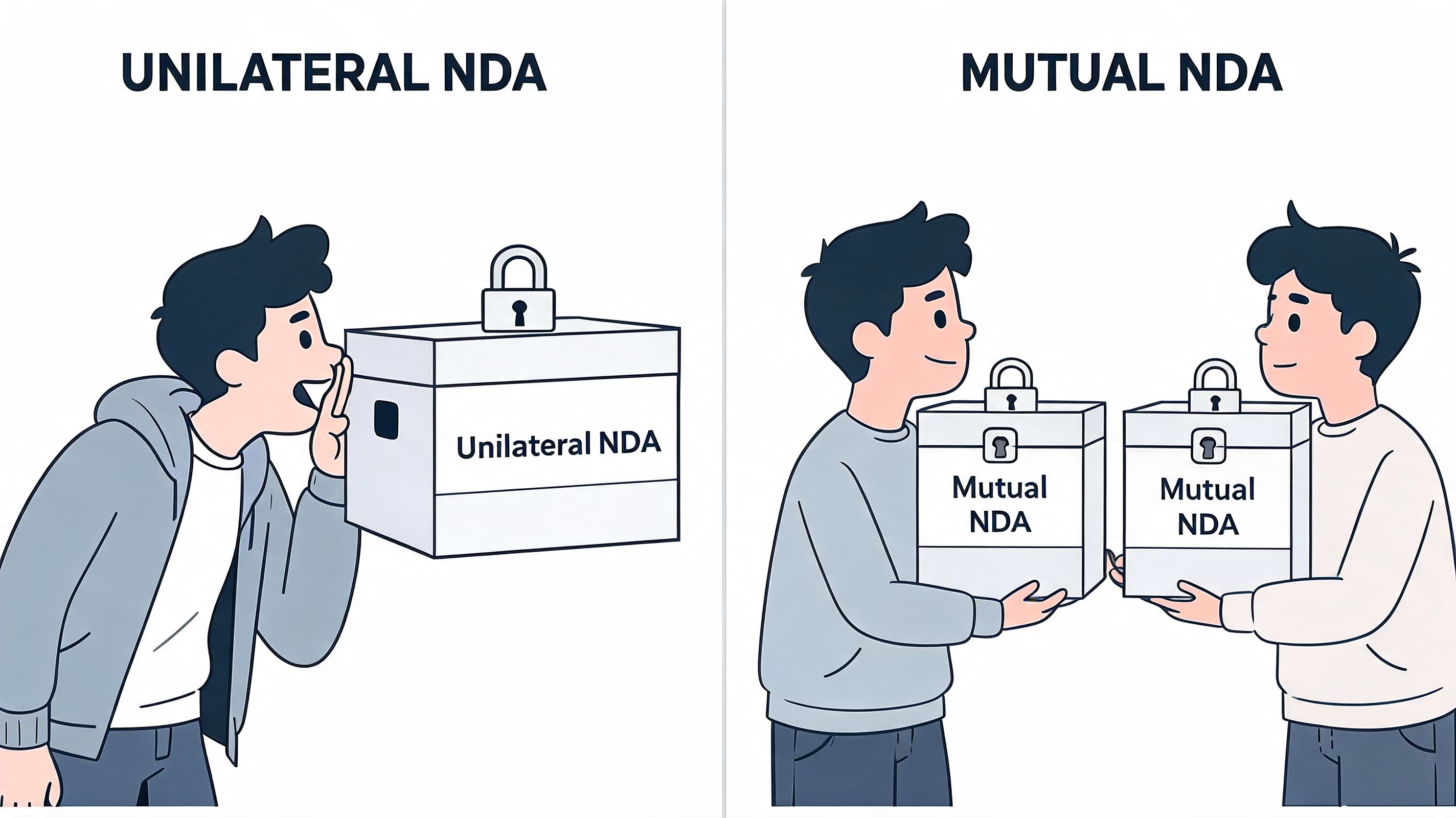 A diagram comparing unilateral and mutual non-disclosure agreements with illustrations of people sharing secured information boxes.