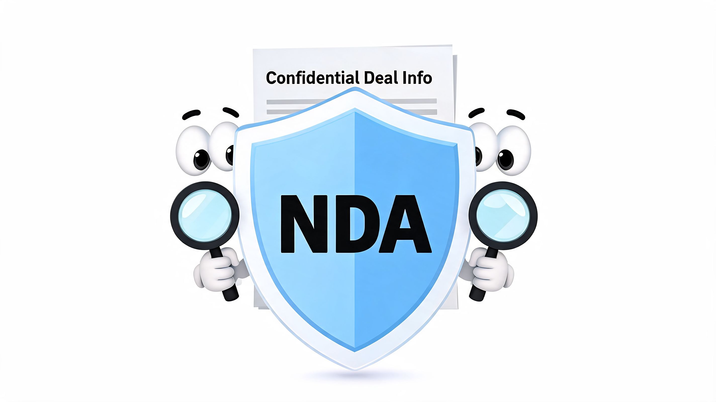 A cartoon shield labeled NDA protects a document titled Confidential Deal Info held by two curious characters.