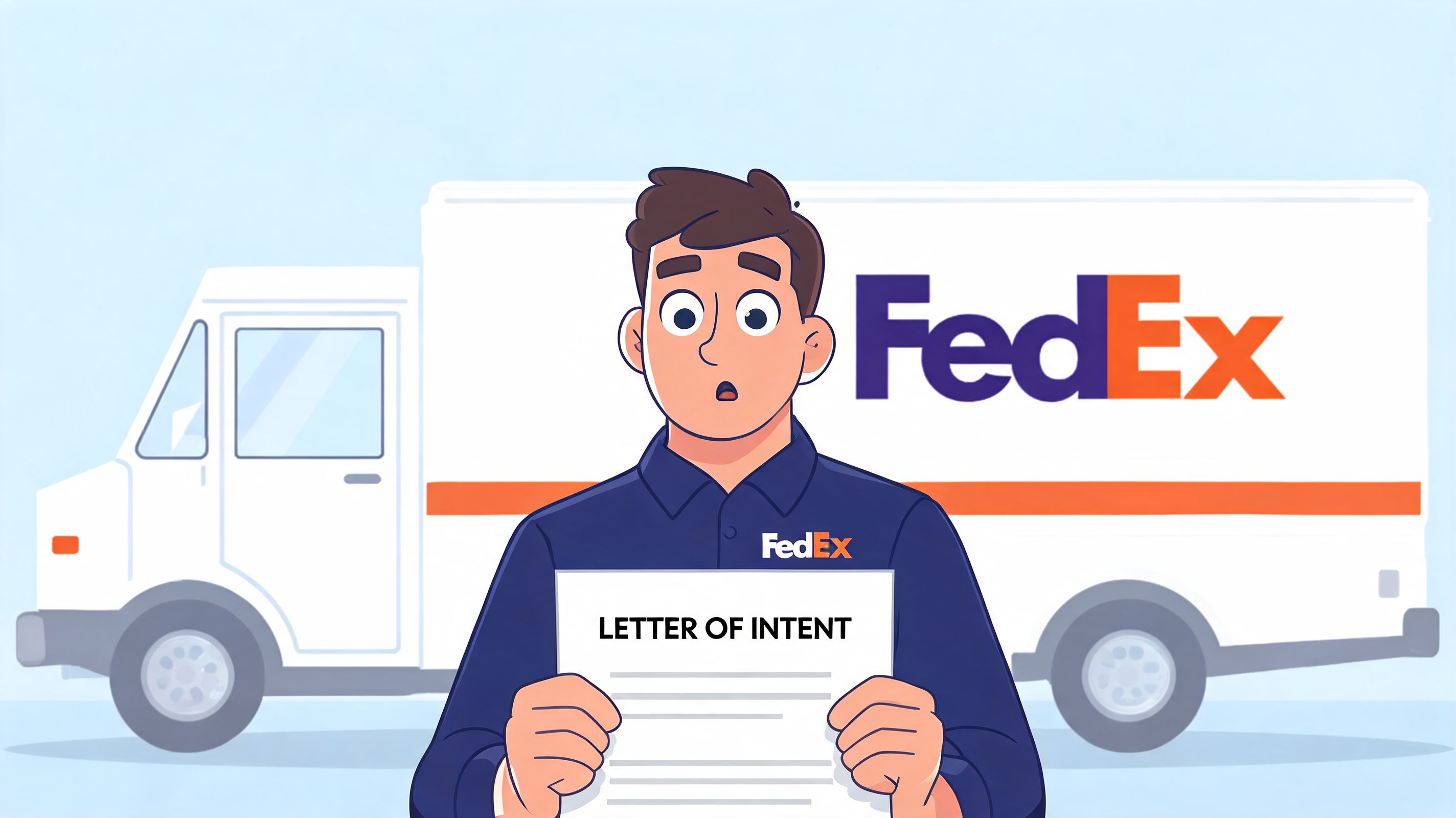A cartoon FedEx driver appearing surprised while holding a document titled letter of intent in front of a truck.