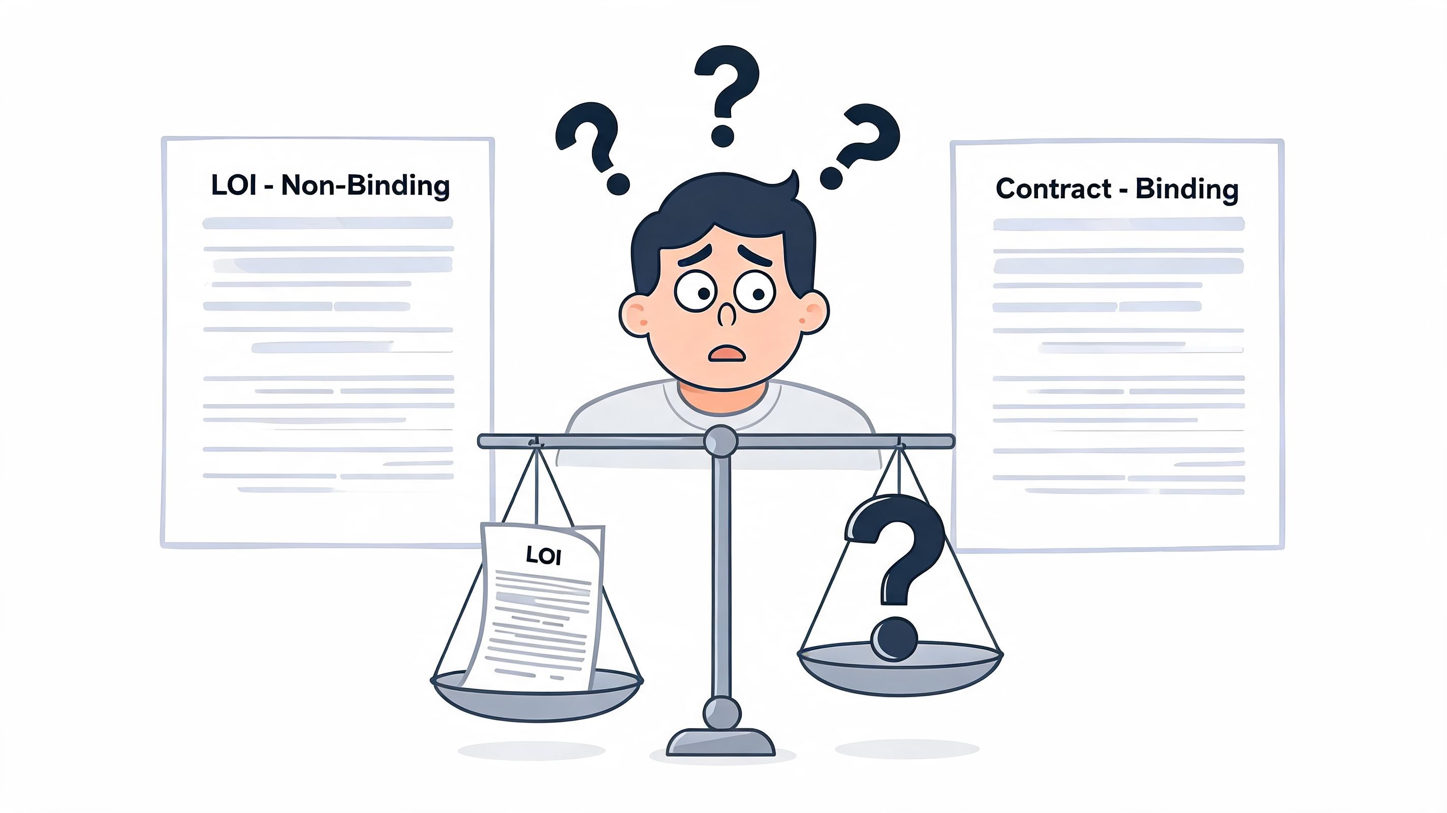 A confused person weighing a non-binding letter of intent against a binding contract on a balance scale.