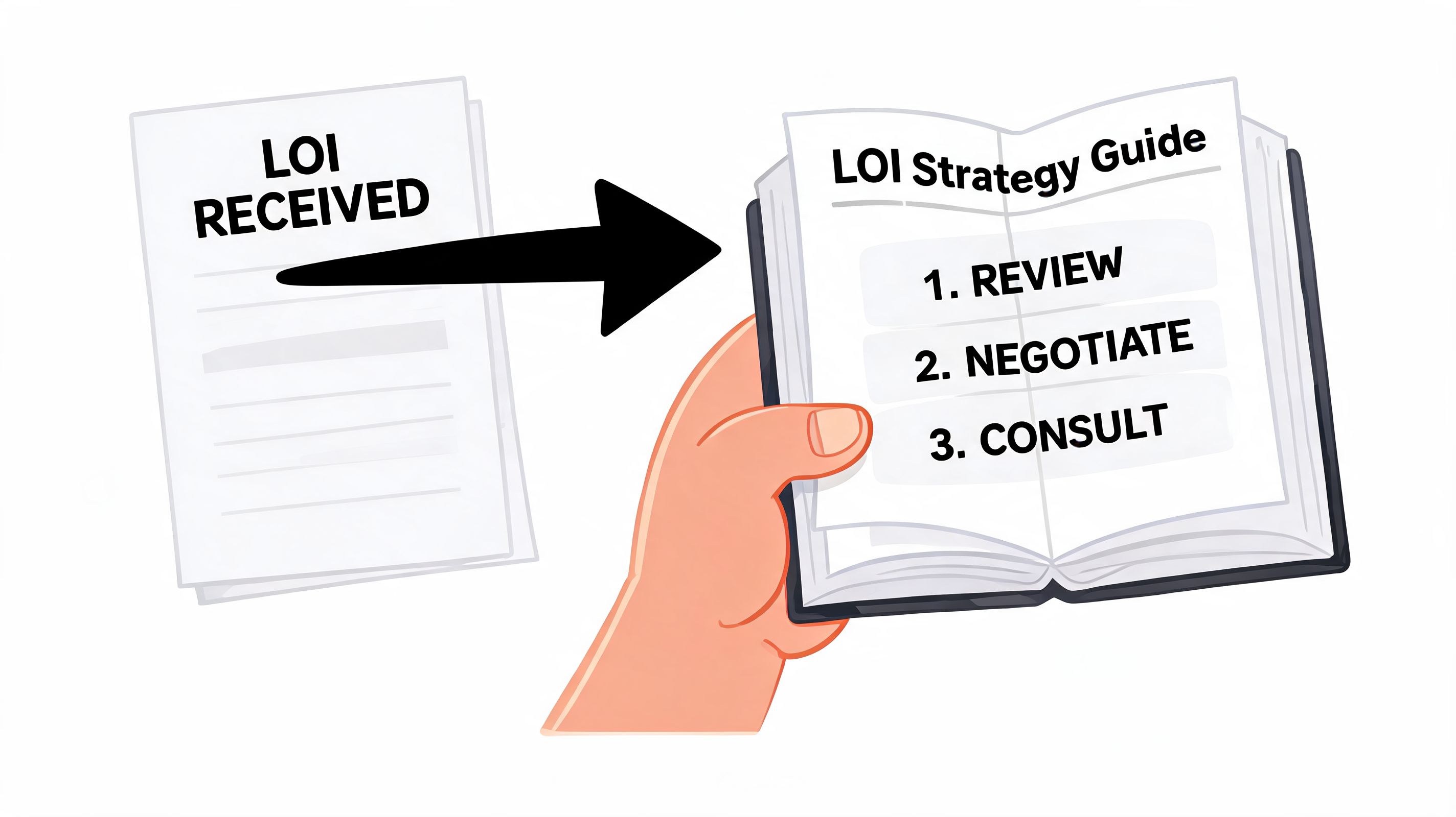 A hand holding an LOI strategy guide book after receiving a letter of intent document.