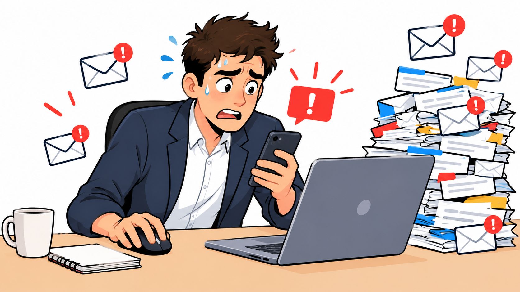 A stressed businessman looking at his smartphone surrounded by a massive pile of incoming email notifications