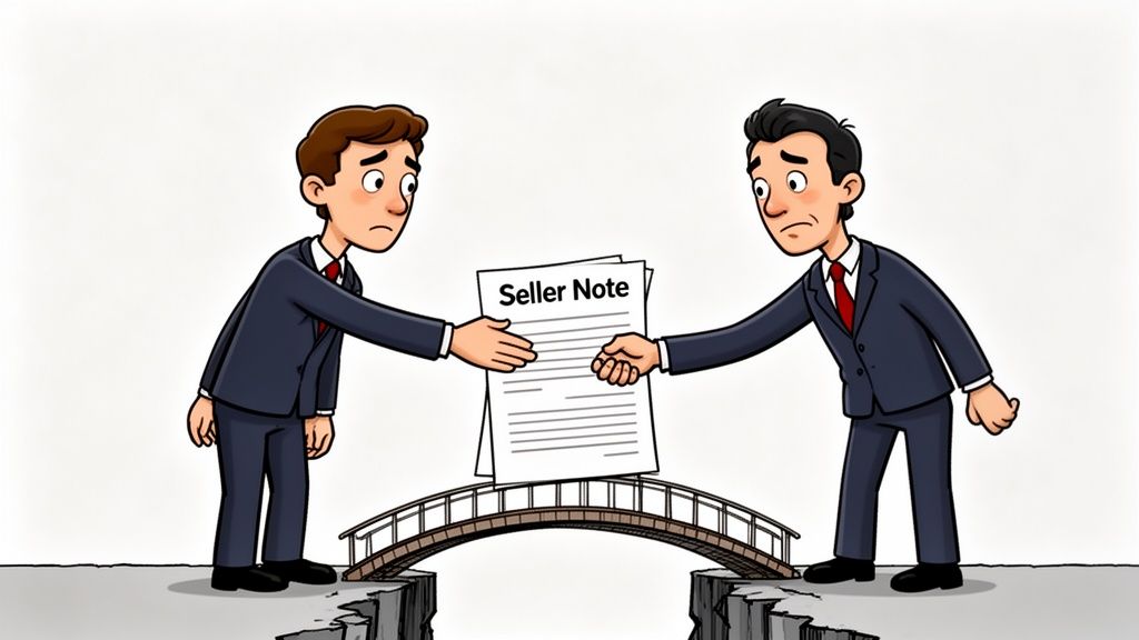 Two business men looking concerned while holding a document titled Seller Note across a bridge gap.