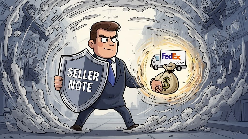 A businessman holds a shield labeled SELLER NOTE while protecting a FedEx truck and a money bag.
