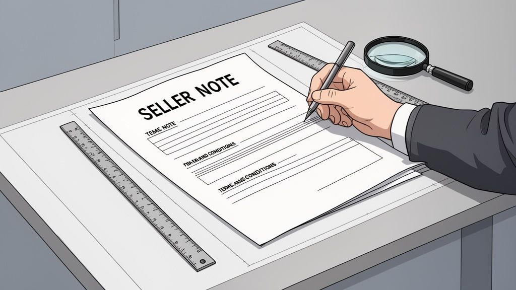 A hand in a business suit writing on a Seller Note document on a desk with a magnifying glass.