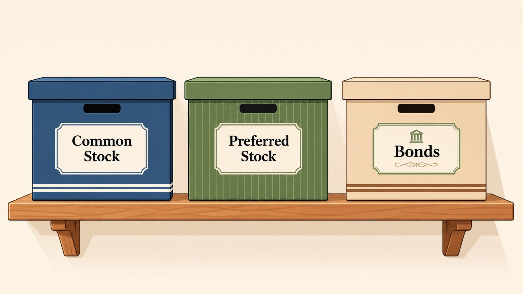 Three storage boxes on a wooden shelf labeled Common Stock, Preferred Stock, and Bonds, representing investment types.