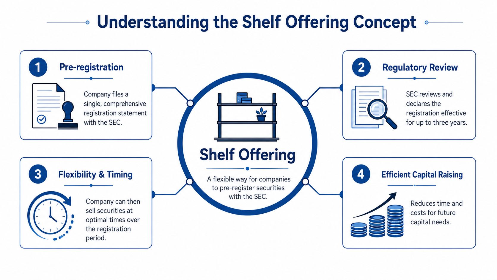 An infographic titled Understanding the Shelf Offering Concept illustrating the four steps of the SEC registration process.
