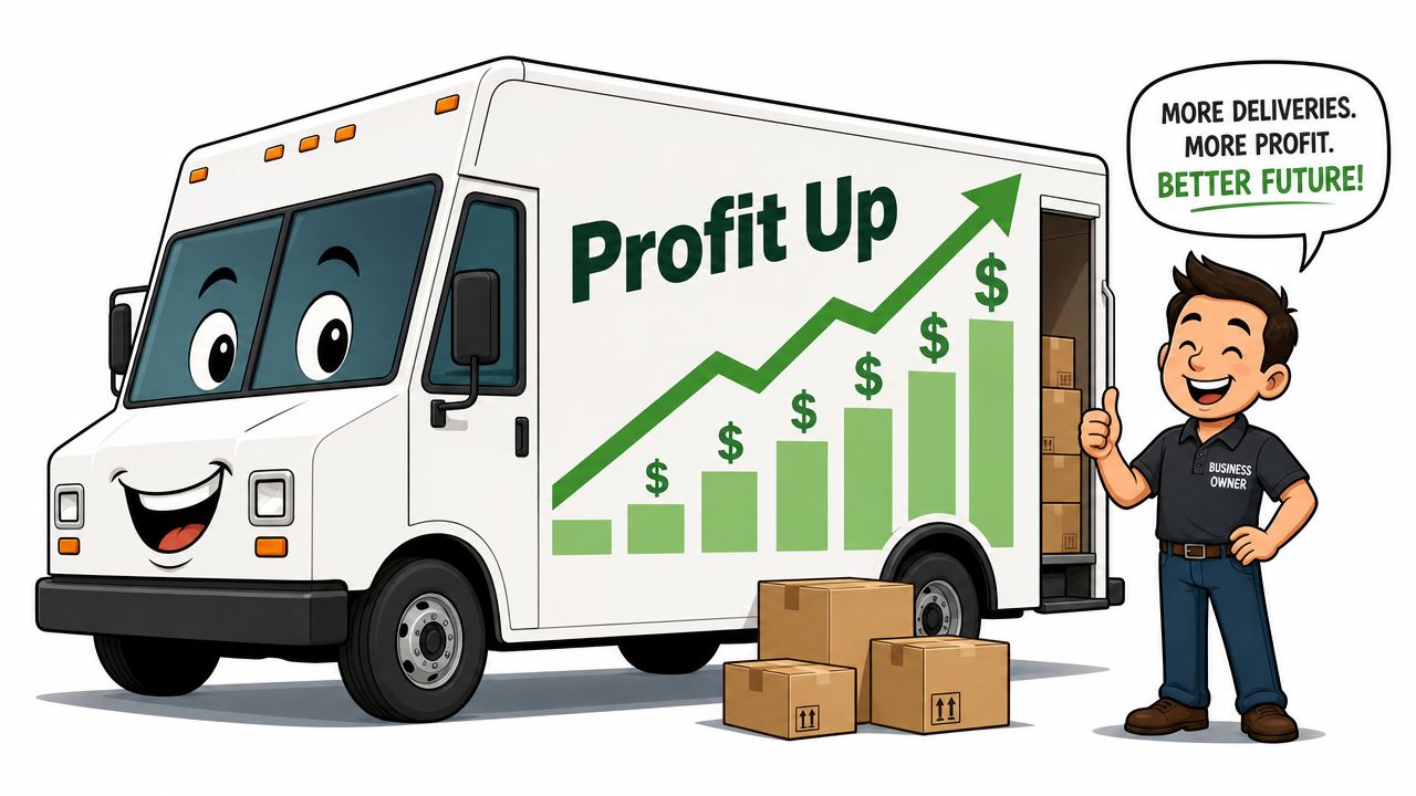 A friendly cartoon step van truck with a business owner giving a thumbs up and packages.