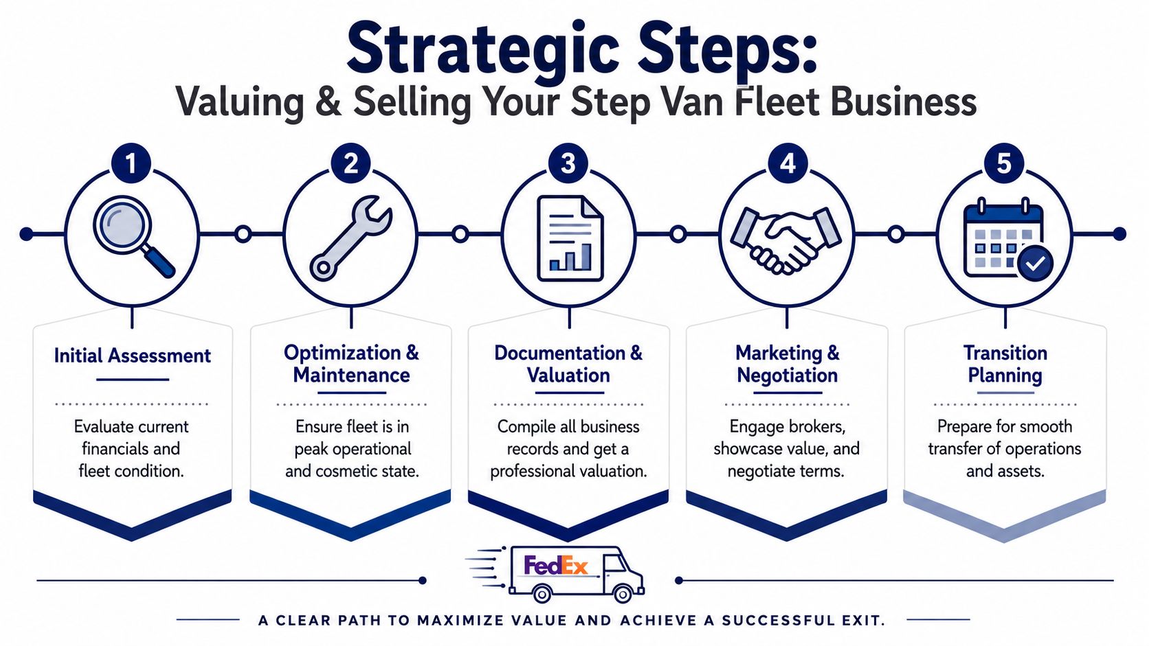 A five-step infographic showing the strategic process for valuing and selling a FedEx step van fleet business.