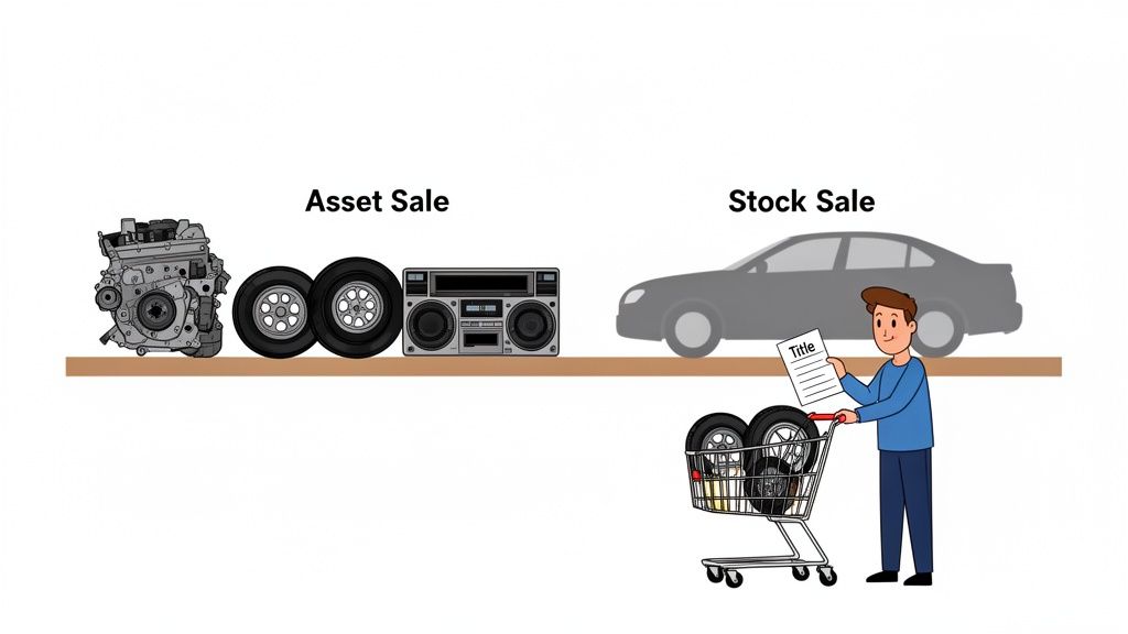 Illustration contrasting an asset sale of individual parts with a stock sale of a complete car.