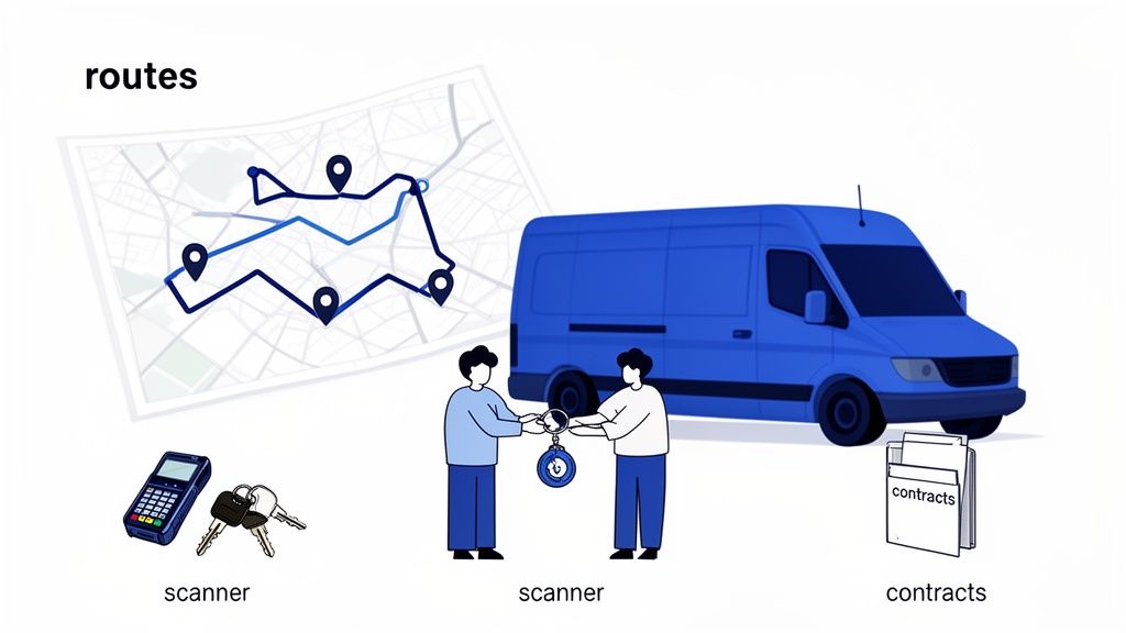 Illustration showing delivery routes on a map, a van, keys, scanners, and contracts for asset management.