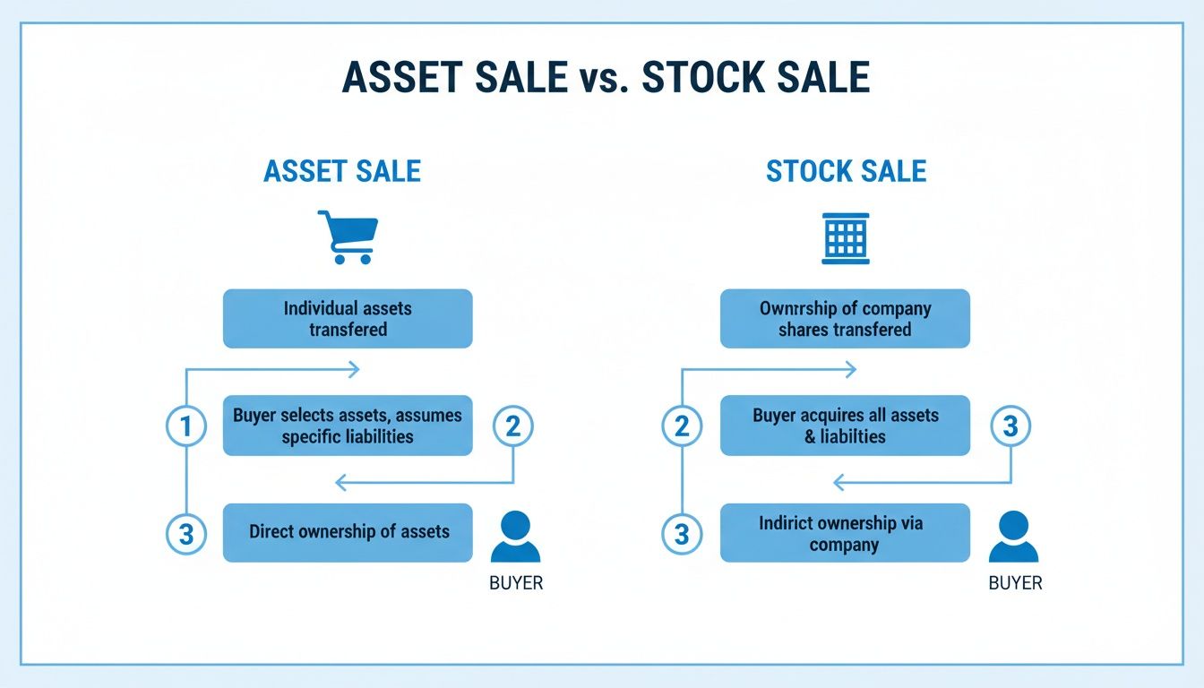 Flowchart comparing asset sale versus stock sale processes, detailing ownership and liability transfers.