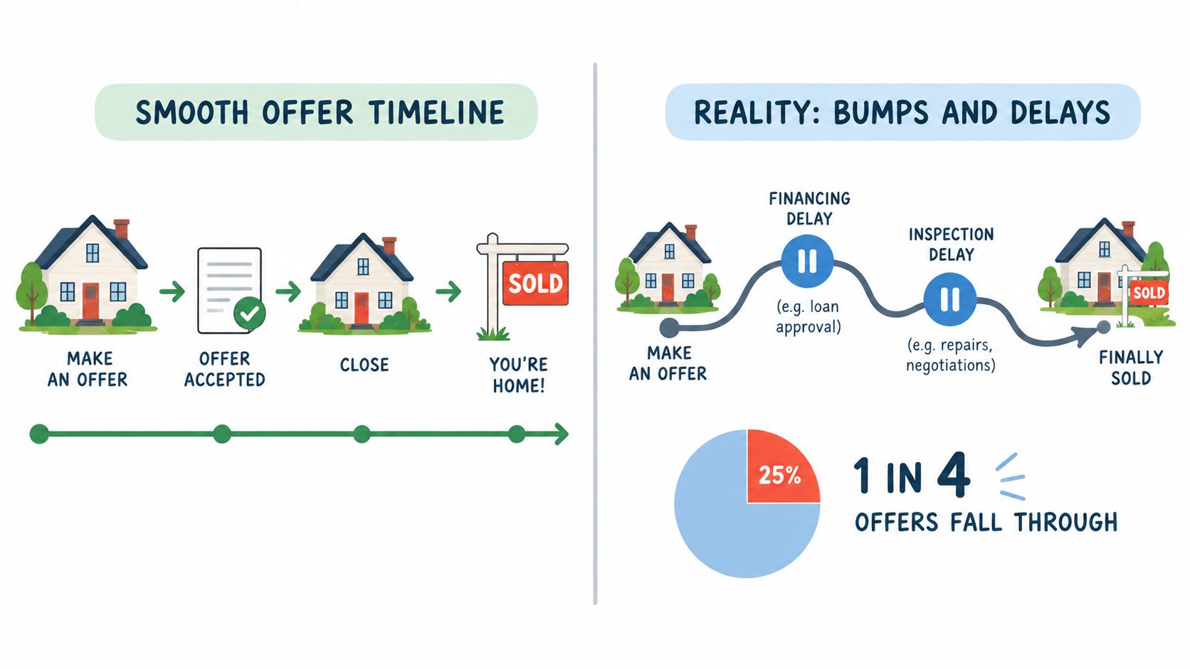 An infographic comparing a smooth home buying process versus a realistic timeline with delays and 25% failure rate.