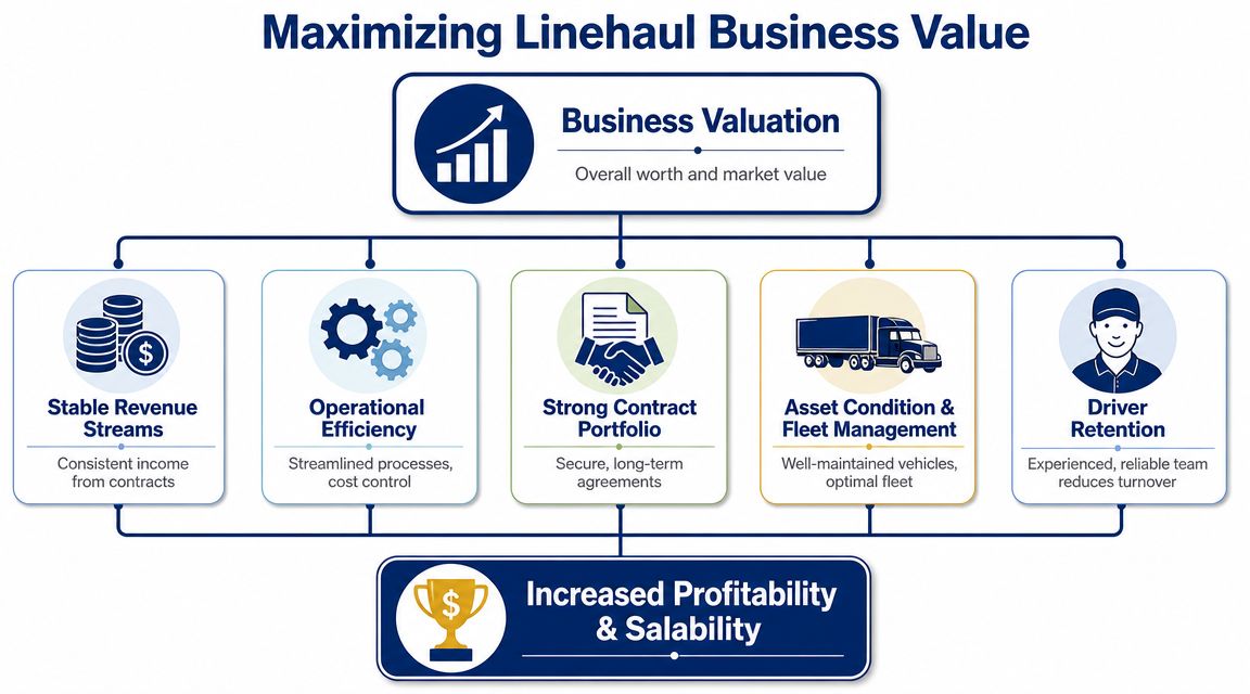 A diagram illustrating the key factors that contribute to maximizing linehaul business value and long-term profitability.