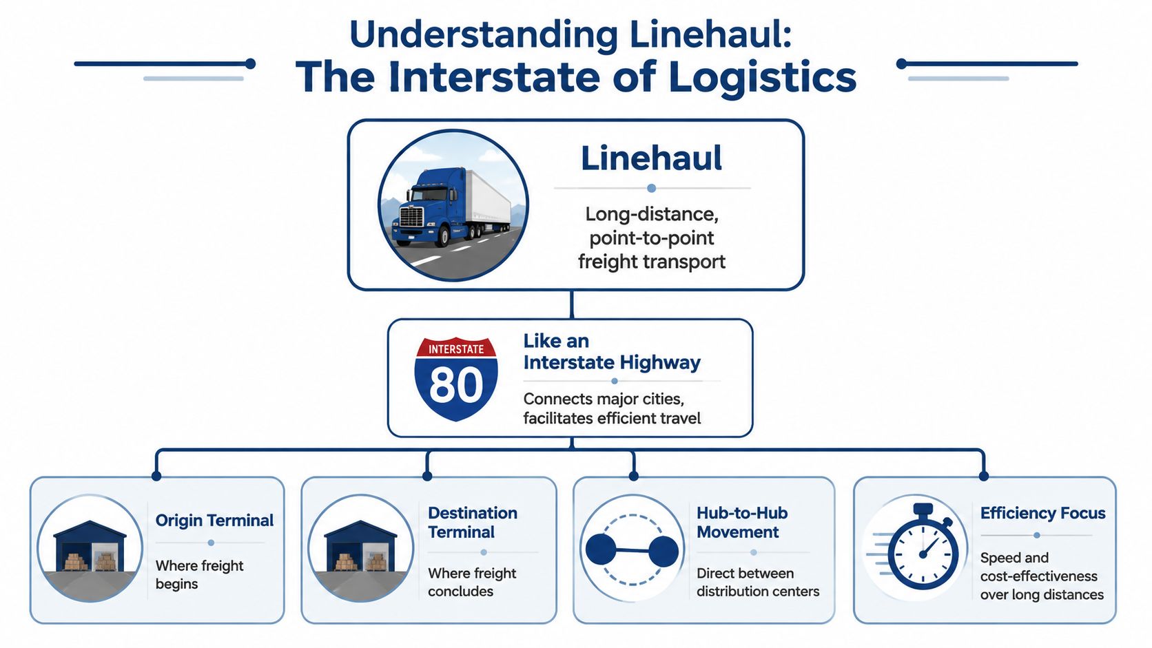 An infographic titled Understanding Linehaul, explaining long-distance freight transport, terminals, hub-to-hub movement, and efficiency.