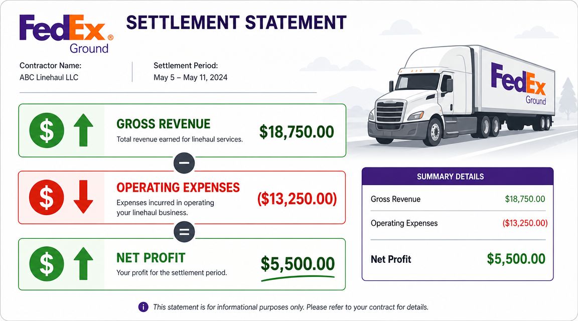 A FedEx Ground settlement statement showing gross revenue, operating expenses, and net profit for ABC Linehaul LLC.